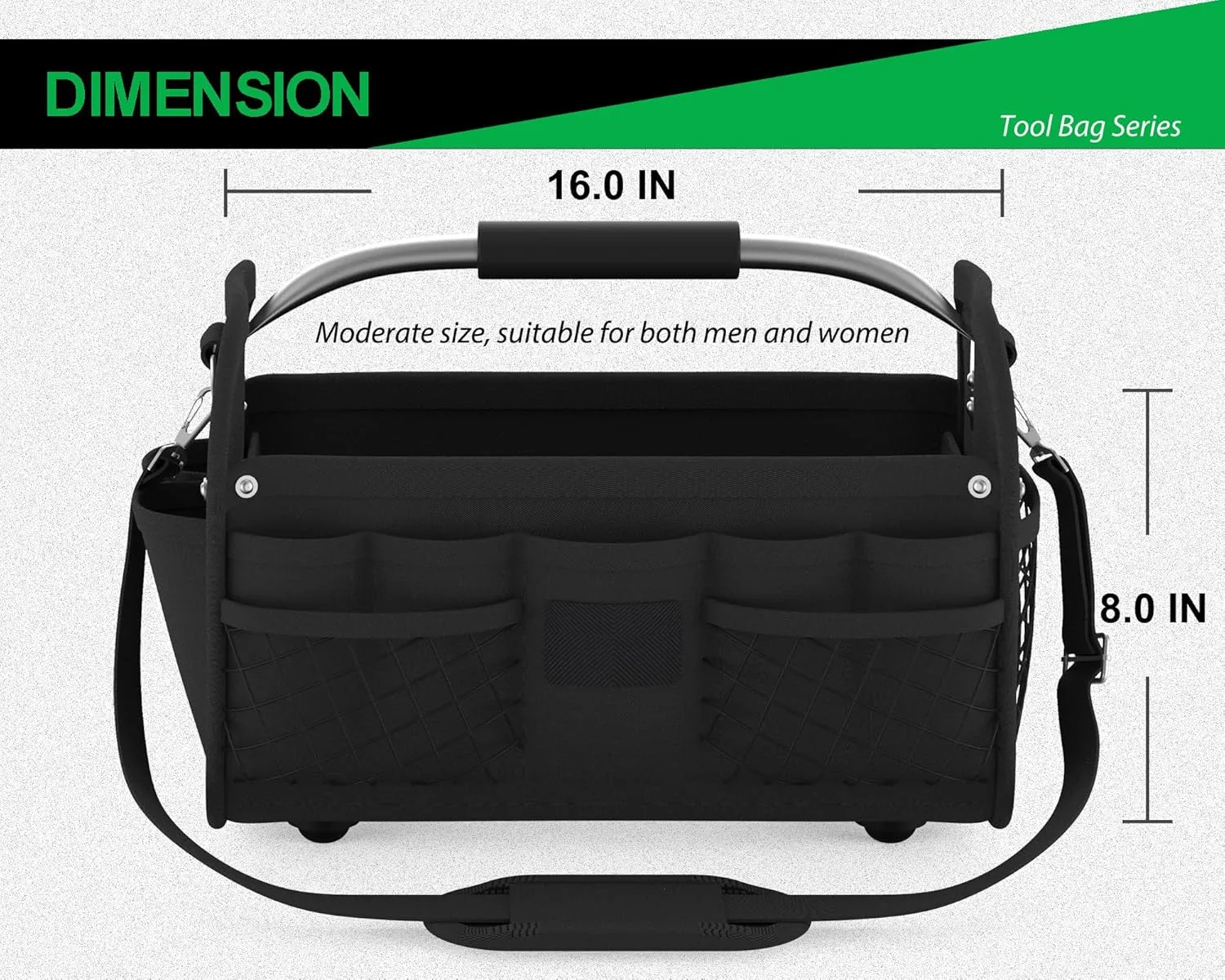 16 Inch Tool Bag, Open Top Tool Tote Bag, Tool Storage Bag with Handle and Shoulder Strap, Tool Box Organizer for Electricians, Gardeners, Mechanics (Black)