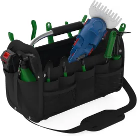 16 Inch Tool Bag, Open Top Tool Tote Bag, Tool Storage Bag with Handle and Shoulder Strap, Tool Box Organizer for Electricians, Gardeners, Mechanics (Black)