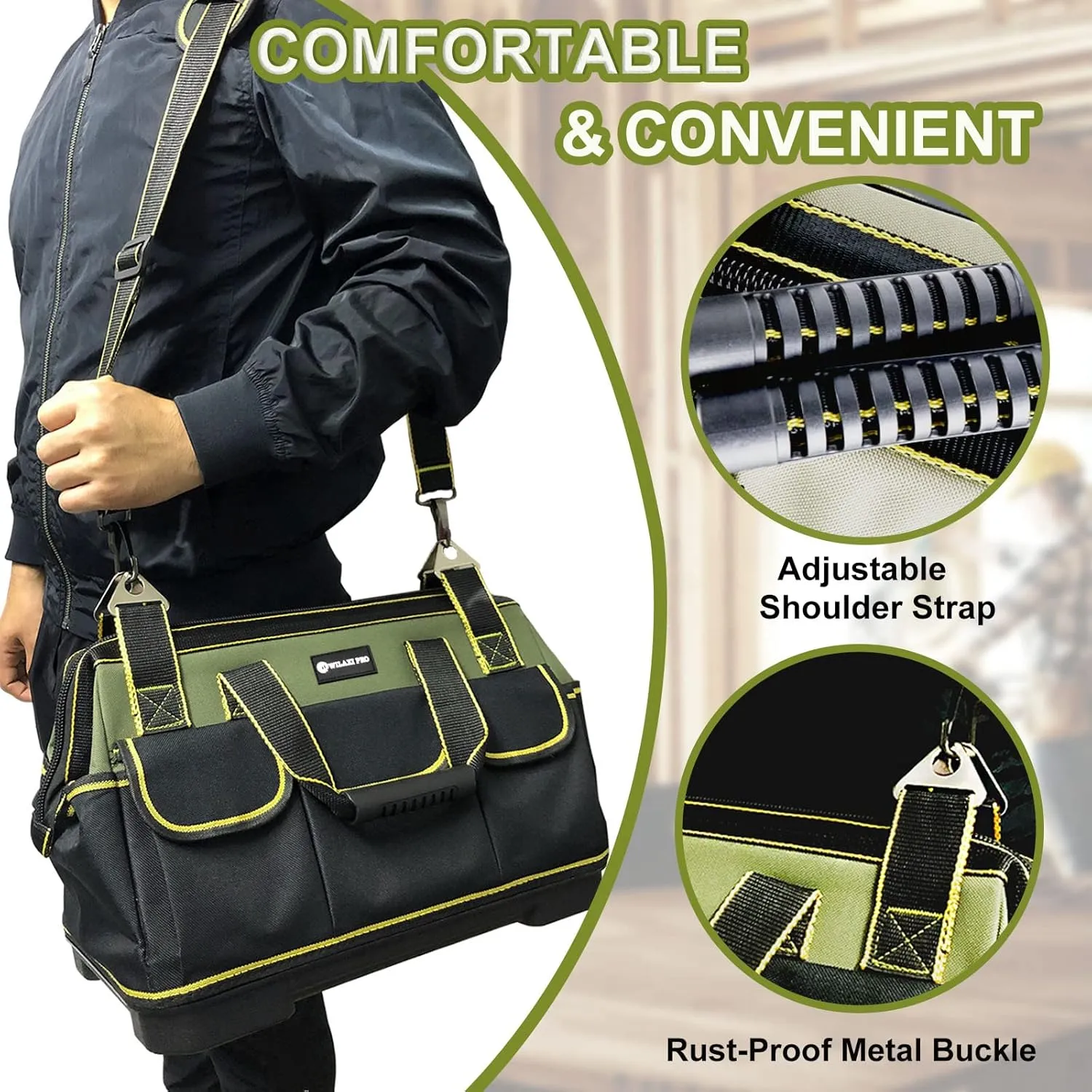 17in Tool Bag For Men Heavy Duty with Waterproof Molded Base, High Capacity Wide Mouth Tote, Construction Worker Electricians Tool Bags, Large Tool Bag Organizer for Men Women Tool Tote