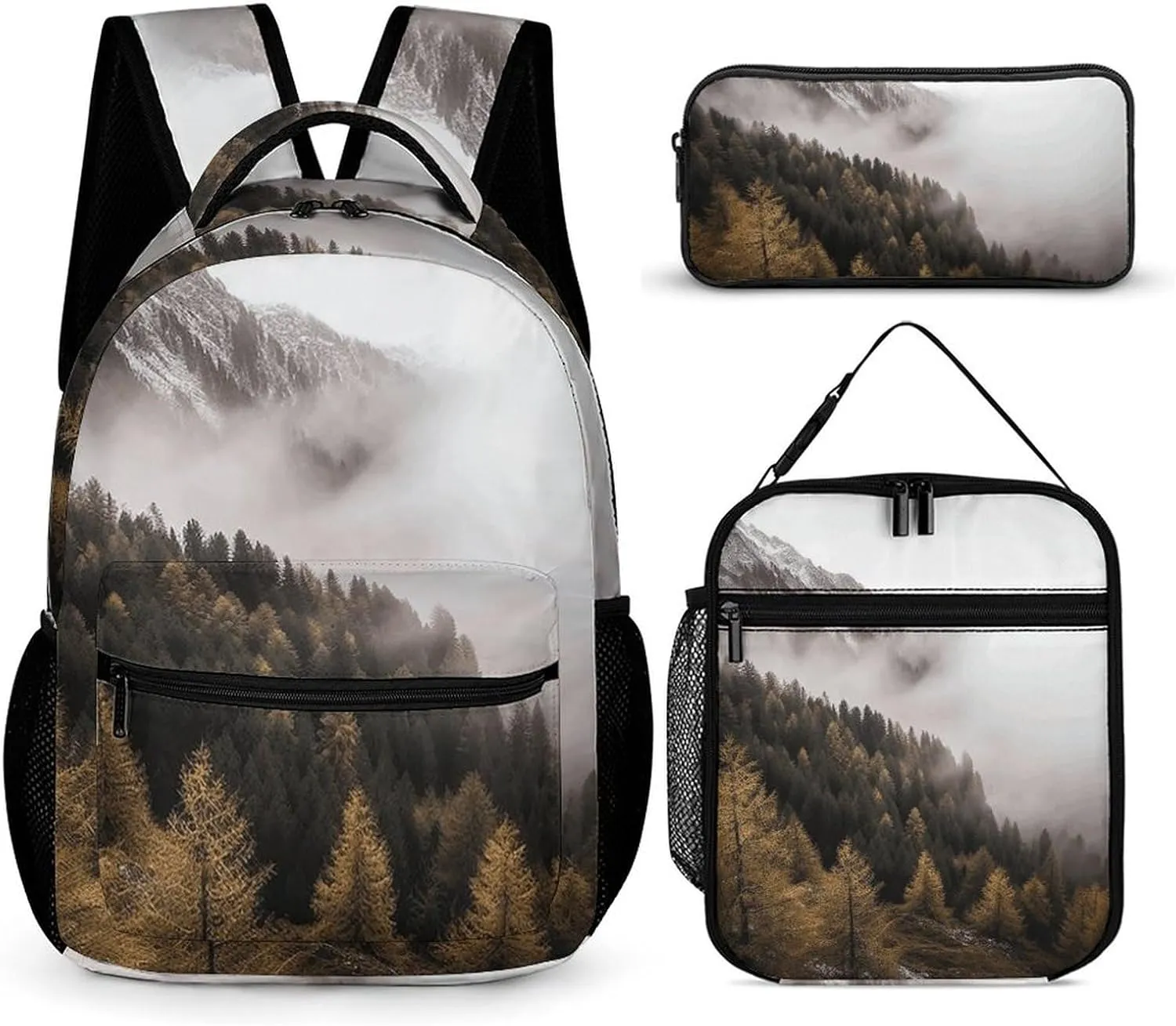 3-in-1 Backpack Combo Set, Trees And Mountain by Fog Print Backpack And Lunch-bag Backpack with Lunch Bag 3 Piece Set Backpack Lunch Bag Combo