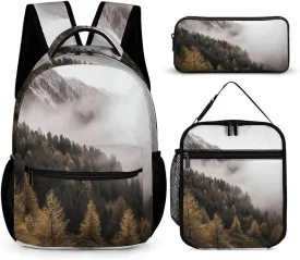 3-in-1 Backpack Combo Set, Trees And Mountain by Fog Print Backpack And Lunch-bag Backpack with Lunch Bag 3 Piece Set Backpack Lunch Bag Combo
