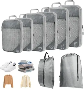 8 Set Compression Packing Cubes for Travel, Expandable Luggage Organizer with Shoe Bag & Laundry Bag - Lightweight Suitcase & Backpack Travel Essentials (Gray)