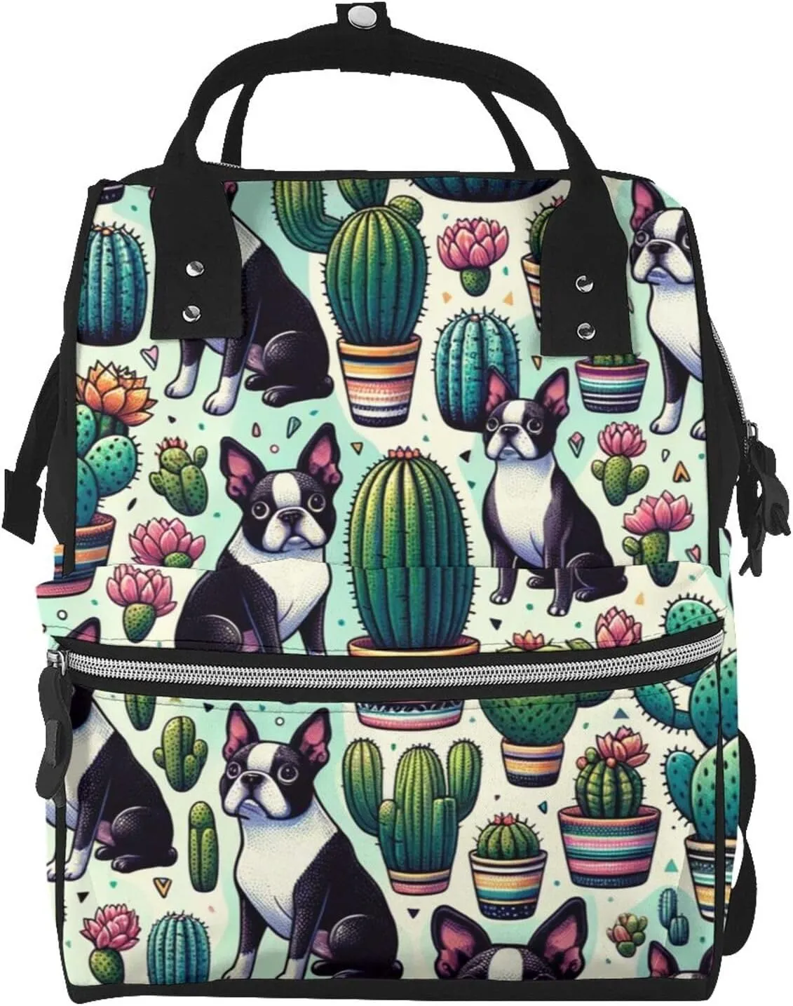 Augenstern Waterproof Boston-Terrier-Cactus Large Capacity Backpack For Moms, Multi-Function Canvas Parent Bag Weekender Backpack