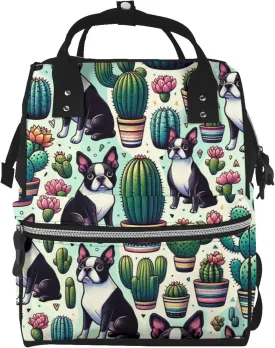 Augenstern Waterproof Boston-Terrier-Cactus Large Capacity Backpack For Moms, Multi-Function Canvas Parent Bag Weekender Backpack