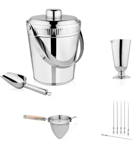 Bar Set of 10, Double Wall Ice Bucket with Ice Scoop - 3 Qt, Fine Mesh Multi-Purpose Strainer for Cocktail, Cocktail Picks for Drinks, Stainless Steel Cocktail Picks, Cocktail Jigger