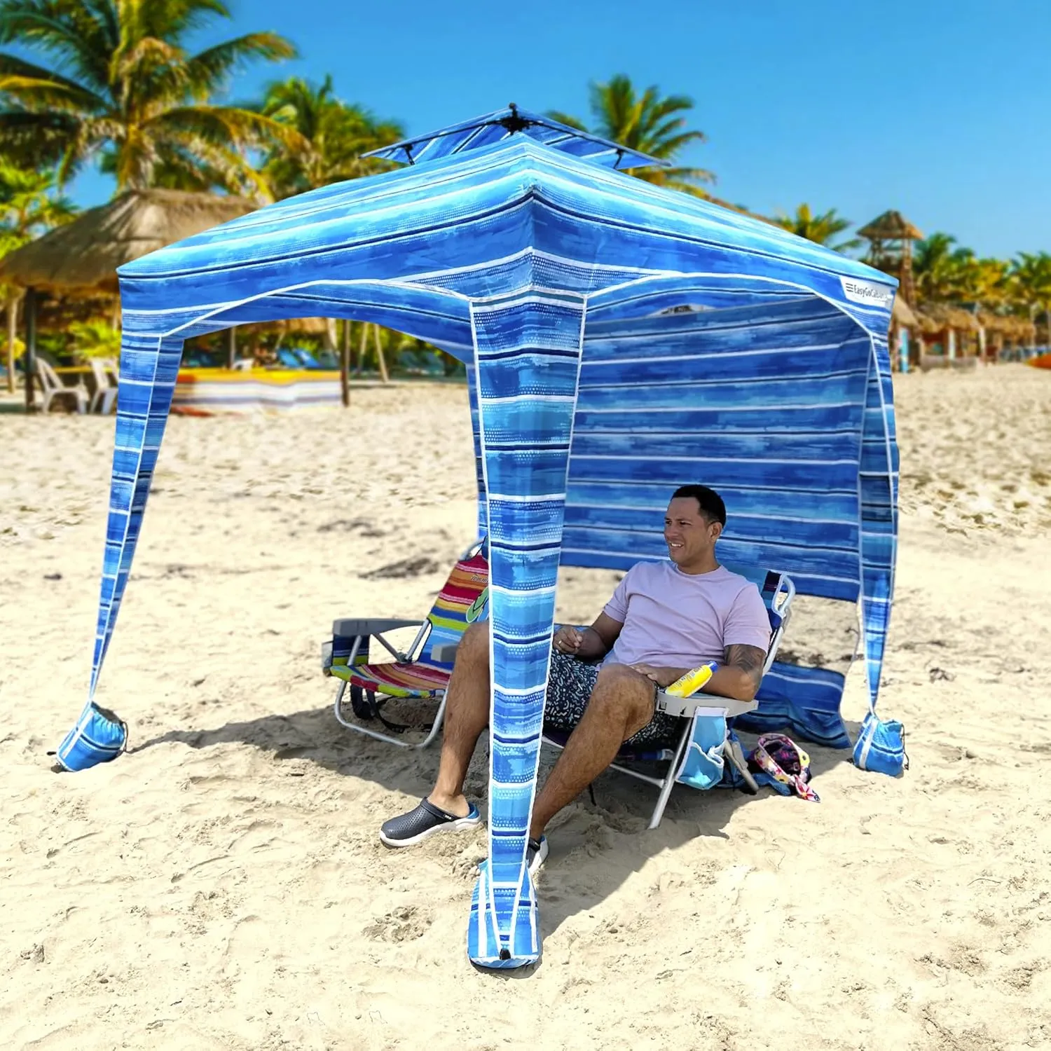 Beach Cabana Canopy Shelter  Sun Shade Tent  6 X 6 - UPF 50  - Waterproof - Easy Setup  2 Layer Wind Vent Umbrella  6 Ft X 6 Ft  BONUS sidewall  Beach, Lake, Park for Family - 2 to 4 People