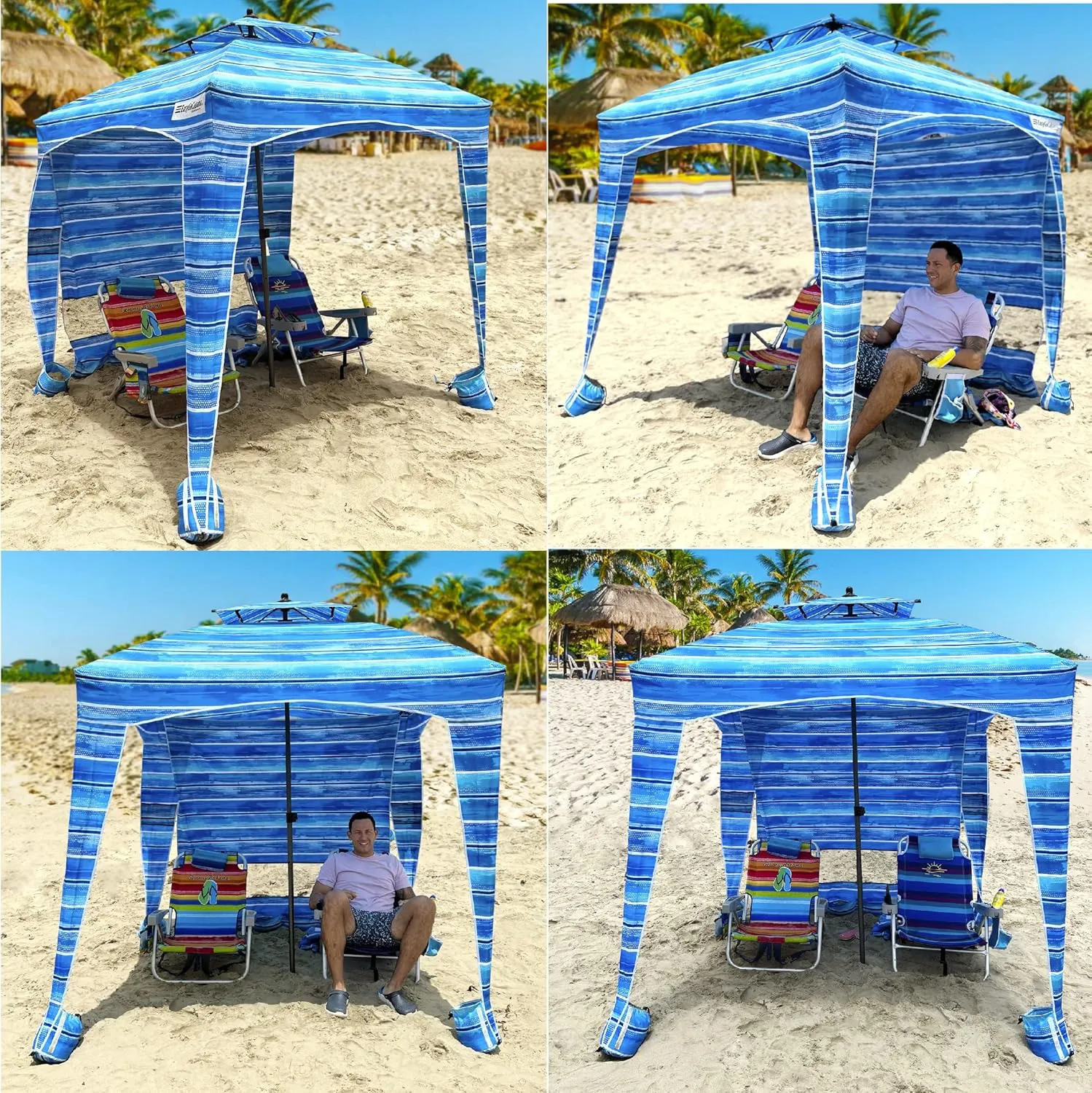 Beach Cabana Canopy Shelter  Sun Shade Tent  6 X 6 - UPF 50  - Waterproof - Easy Setup  2 Layer Wind Vent Umbrella  6 Ft X 6 Ft  BONUS sidewall  Beach, Lake, Park for Family - 2 to 4 People