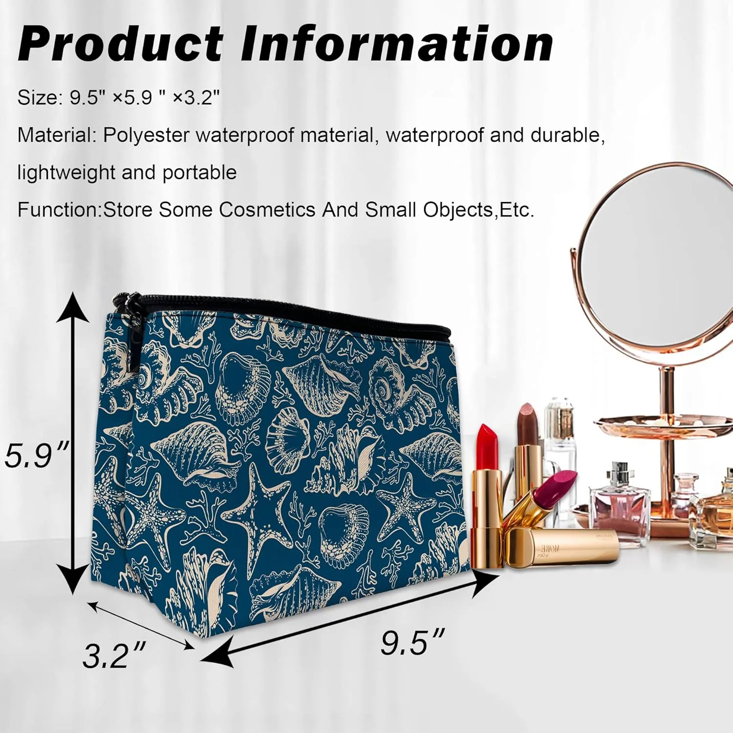 Beach Shells Starfish Coral Makeup Bag for Purse, Waterproof Funny Cosmetic Bag for Women, Zipper Travel Toiletry Pouch Gift 9.55.9 Inch