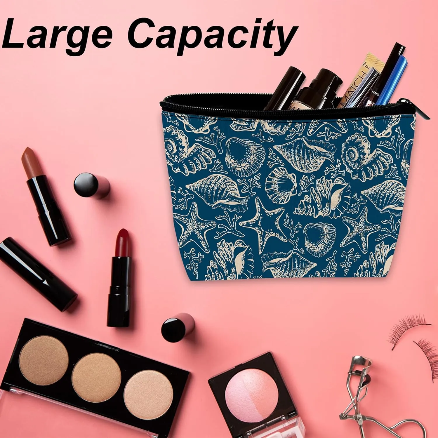 Beach Shells Starfish Coral Makeup Bag for Purse, Waterproof Funny Cosmetic Bag for Women, Zipper Travel Toiletry Pouch Gift 9.55.9 Inch