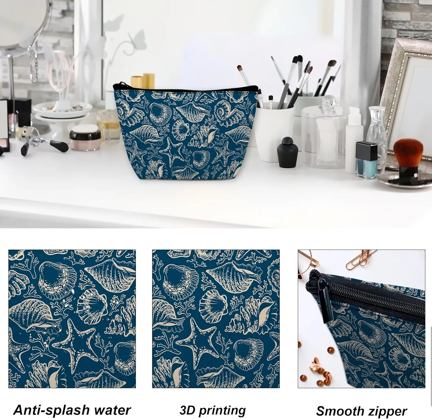 Beach Shells Starfish Coral Makeup Bag for Purse, Waterproof Funny Cosmetic Bag for Women, Zipper Travel Toiletry Pouch Gift 9.55.9 Inch