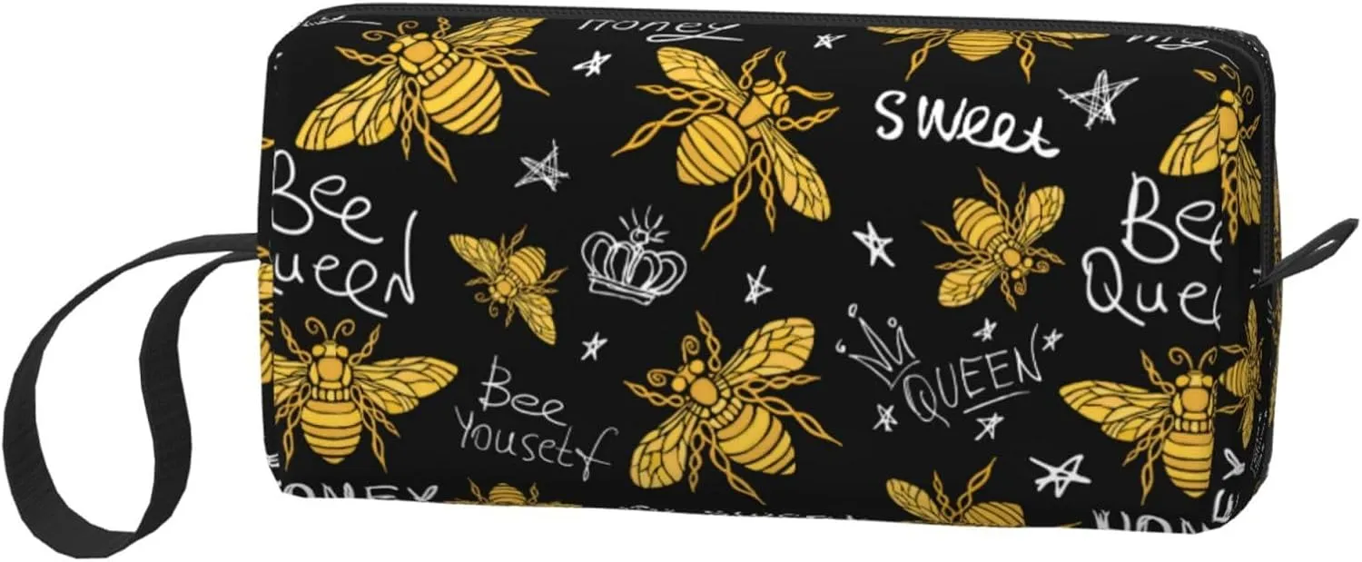 Bee Gold Black Makeup Bag Organizer Small Cosmetic Bags Portable Travel Toiletry Bag With Handle Simple Accessories Storage Zipper Pouch For Women Girl