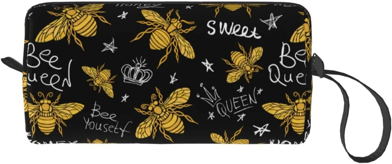 Bee Gold Black Makeup Bag Organizer Small Cosmetic Bags Portable Travel Toiletry Bag With Handle Simple Accessories Storage Zipper Pouch For Women Girl