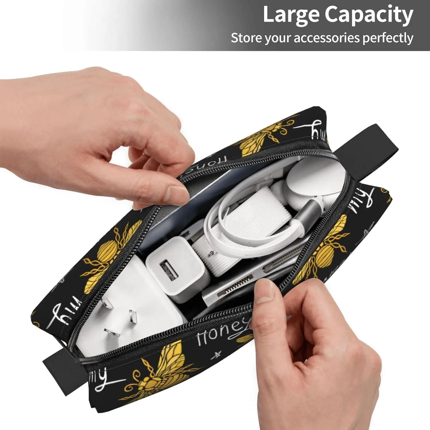 Bee Gold Black Makeup Bag Organizer Small Cosmetic Bags Portable Travel Toiletry Bag With Handle Simple Accessories Storage Zipper Pouch For Women Girl
