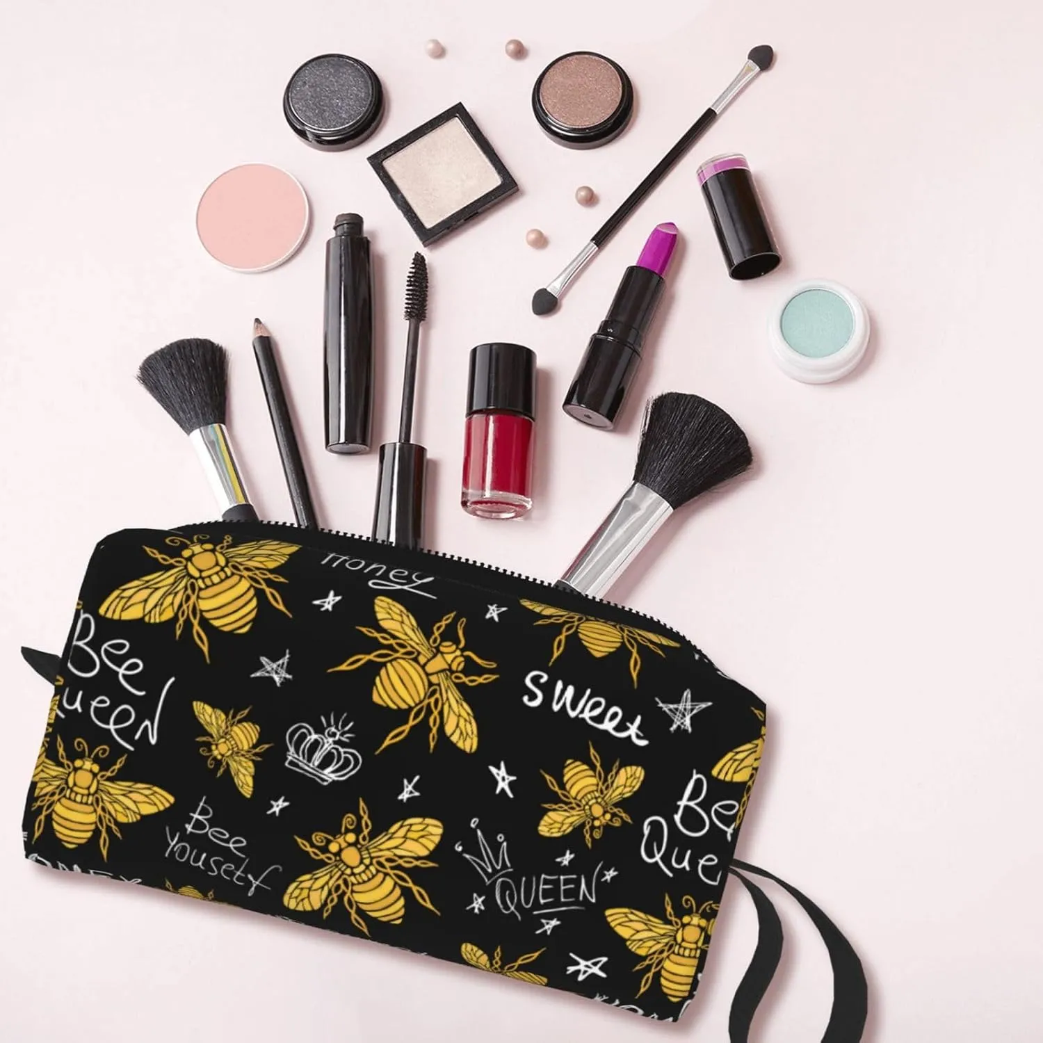 Bee Gold Black Makeup Bag Organizer Small Cosmetic Bags Portable Travel Toiletry Bag With Handle Simple Accessories Storage Zipper Pouch For Women Girl