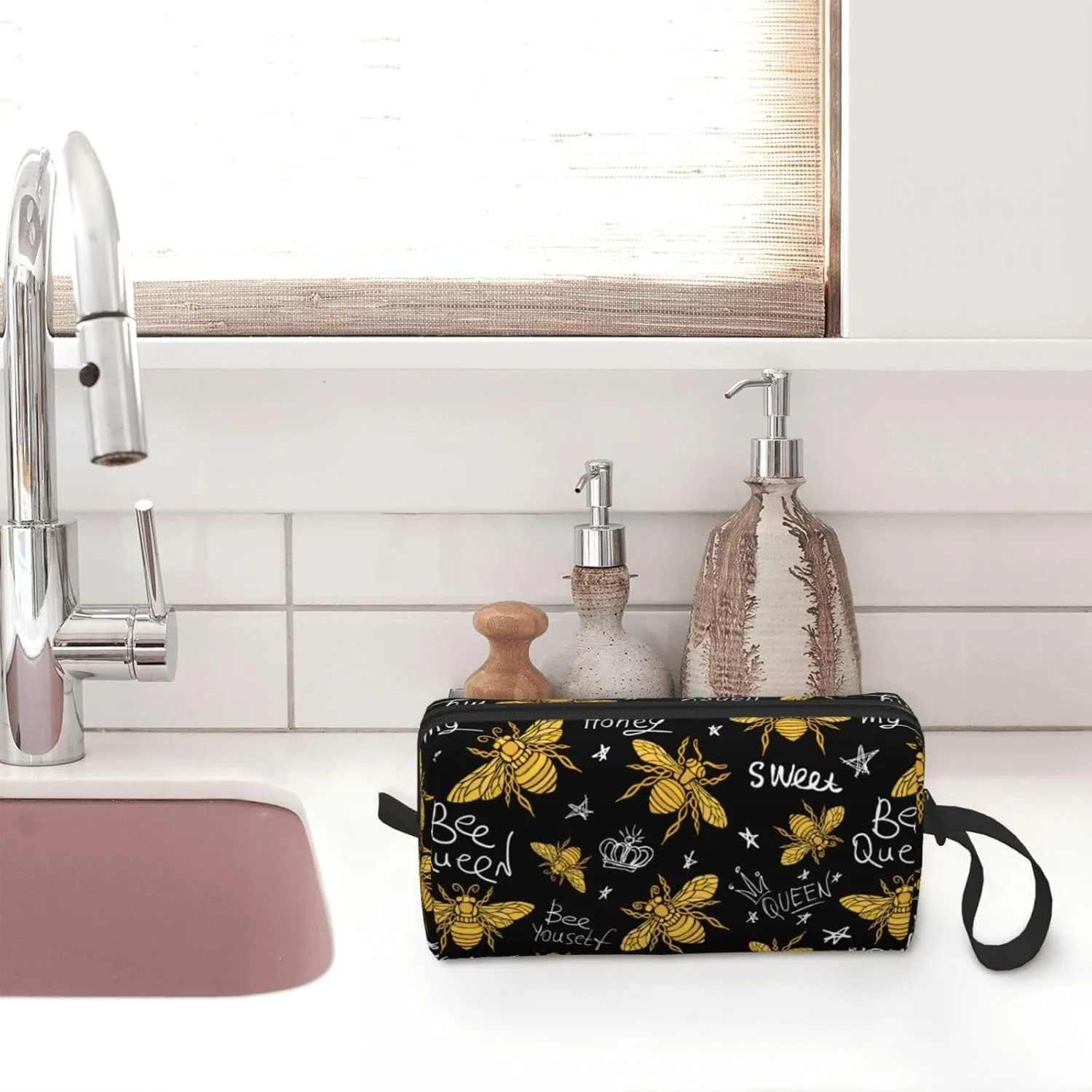Bee Gold Black Makeup Bag Organizer Small Cosmetic Bags Portable Travel Toiletry Bag With Handle Simple Accessories Storage Zipper Pouch For Women Girl