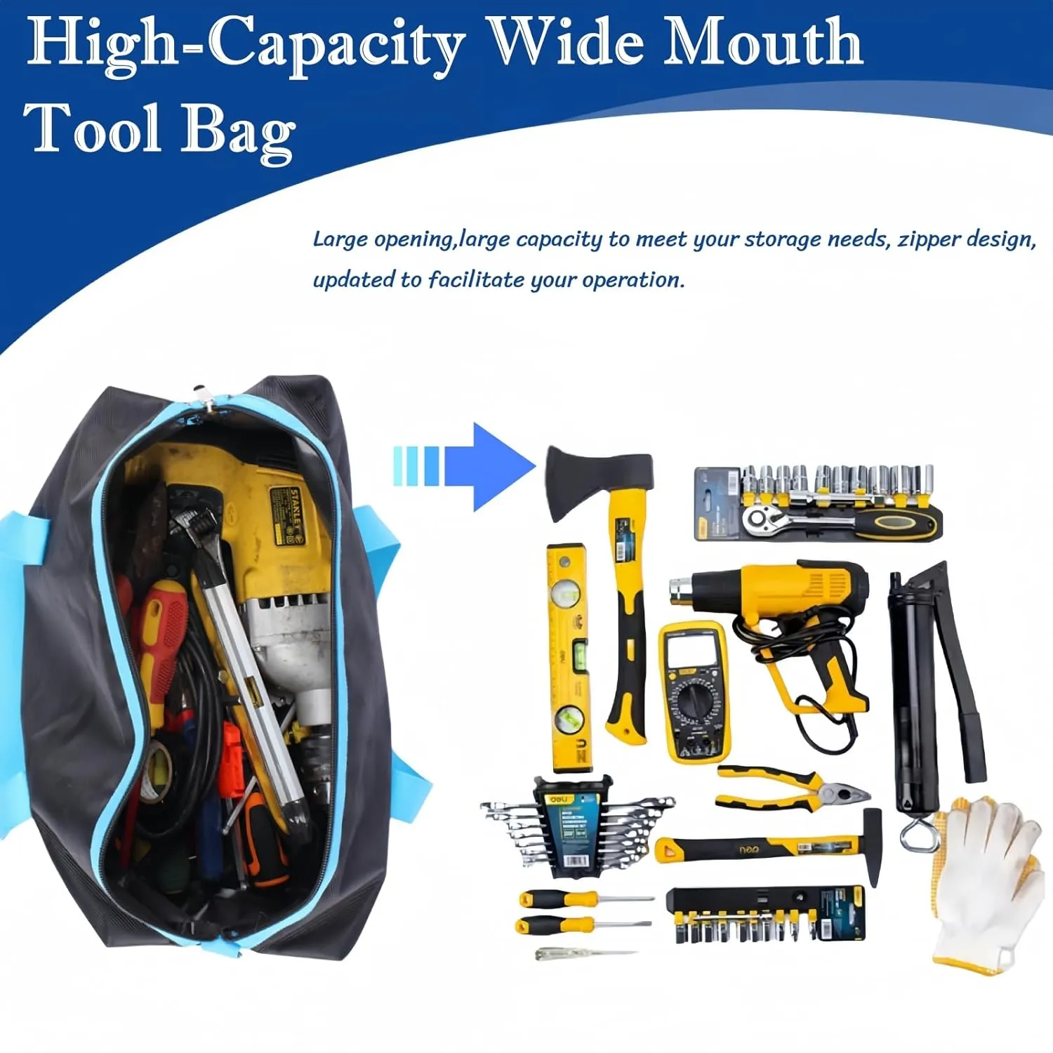 BLIRITEL Heavy Duty Wide Mouth Tool Bag for Men, High Capacity Tool Tote Bag for Electricians, Multipurpose Power Tool Bag Organizer for Mechanics Carpenters (12 Inch)