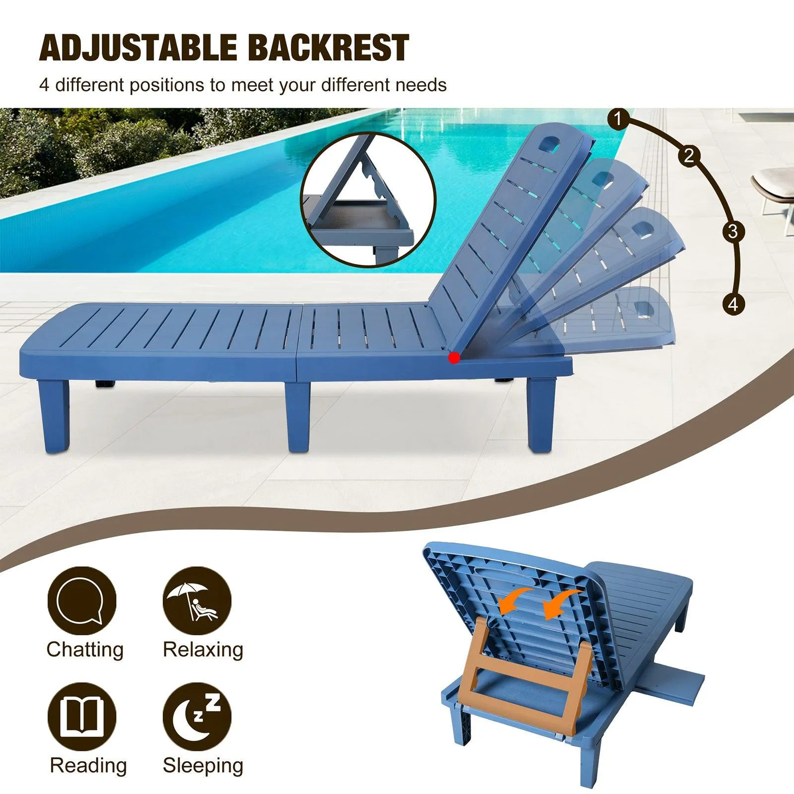 Chaise Lounge Chair Patio Sunbathing Chair with 4 Level Adjustable Backrest & Hide Cup Holder, Blue