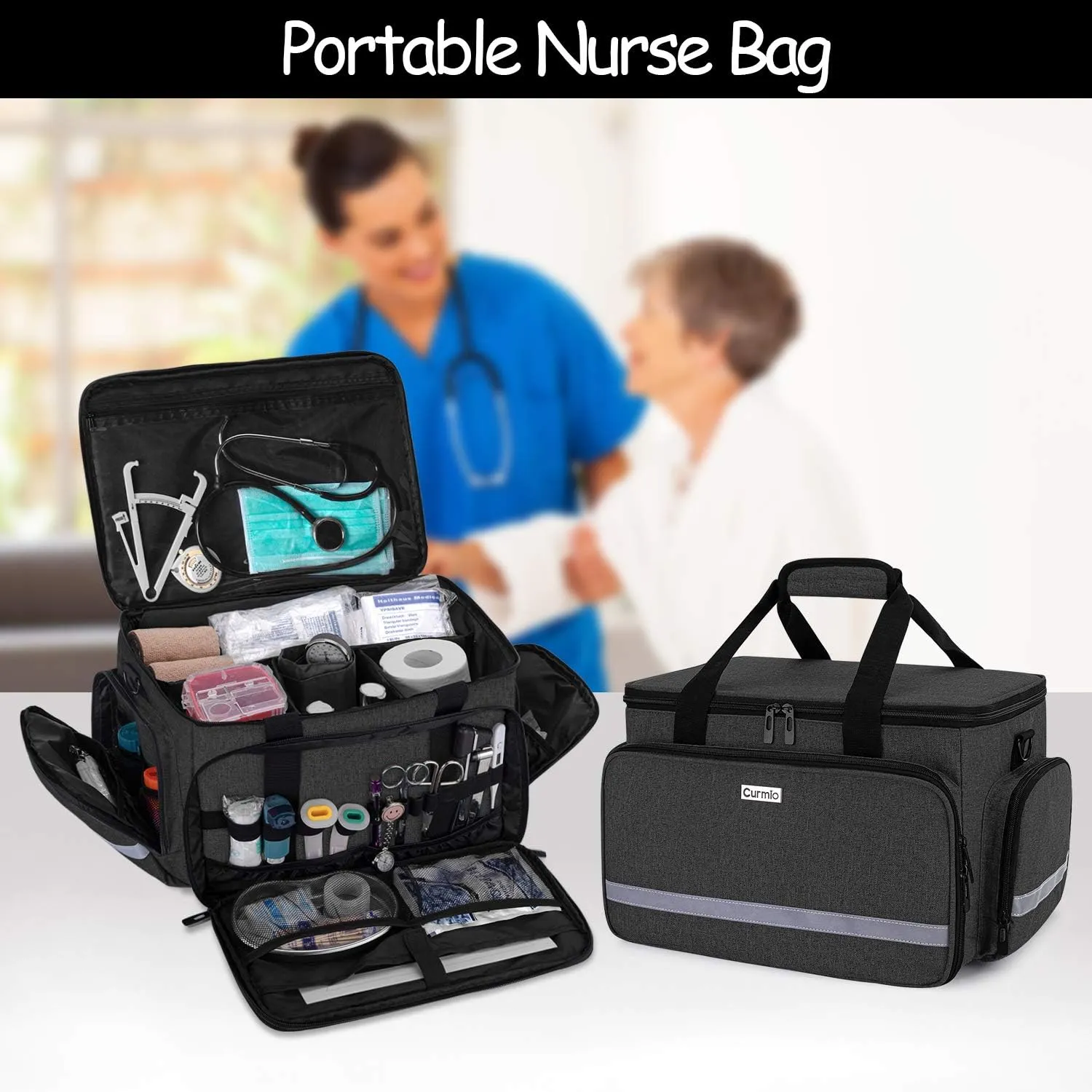 CURMIO Nurse Bag, Medical Bag with Inner Dividers and No-Slip Bottom for Home Visits, Health Care, Hospice, For Nursing Students, Physical Therapists, Doctors,Black (Patent Pending)