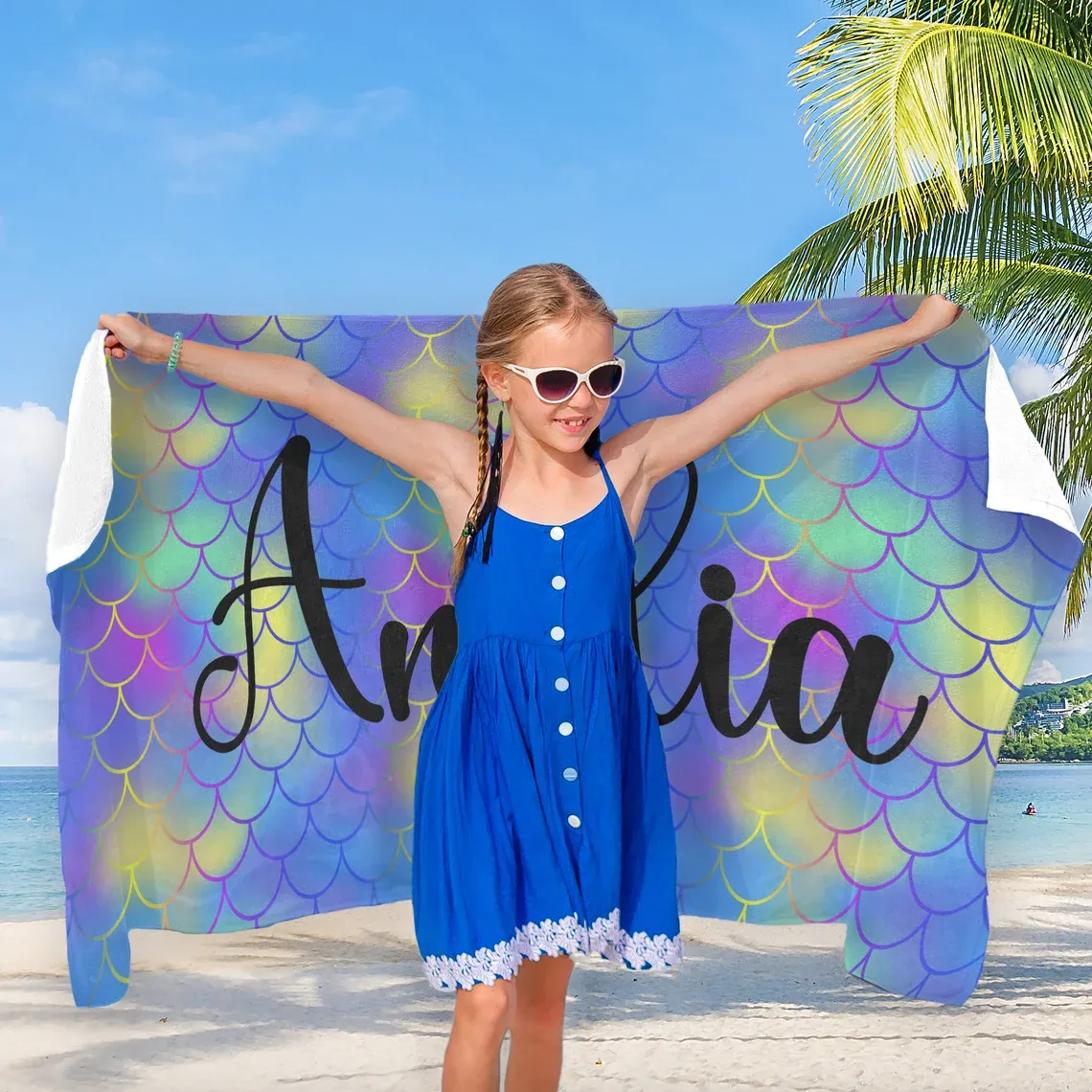Custom Beach Towel, Monogrammed Towels Mermaid Print - Personalized Beach Towel, Bride Beach Towel with Your Name - Mermaid Scale Towel