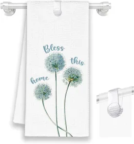 Dandelion Floral Kitchen Towels with A Towel Clip, Bless This Home Flower Hand Towels for Bathroom, Rustic Spring Summer Decorative Dish Towels Decor for Kitchen Home 16x24in