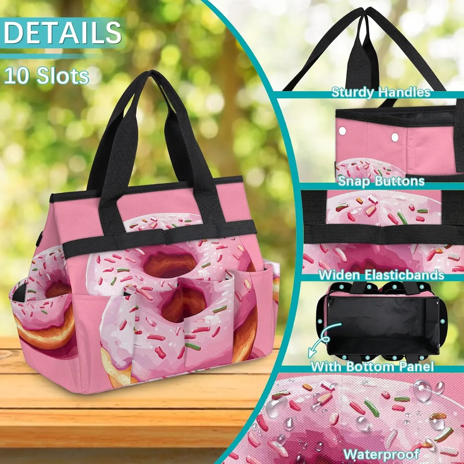 Donuts Garden Tote Bag for Women Men, Food Heavy Duty Garden Tool Bags Organizer with 10 Pockets for Gardening Gift