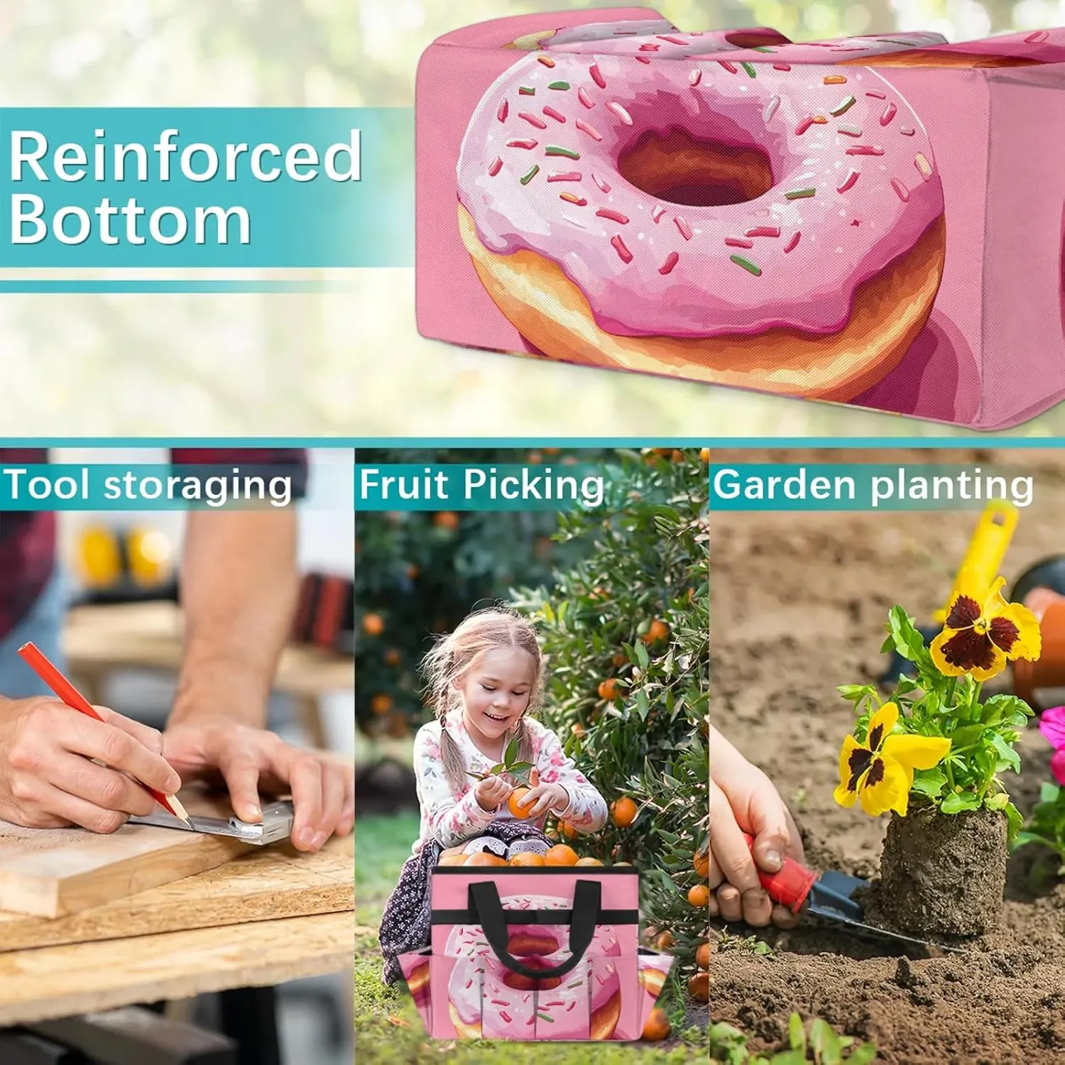 Donuts Garden Tote Bag for Women Men, Food Heavy Duty Garden Tool Bags Organizer with 10 Pockets for Gardening Gift
