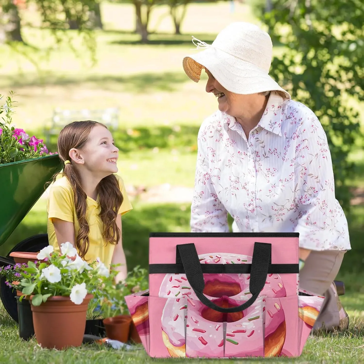 Donuts Garden Tote Bag for Women Men, Food Heavy Duty Garden Tool Bags Organizer with 10 Pockets for Gardening Gift