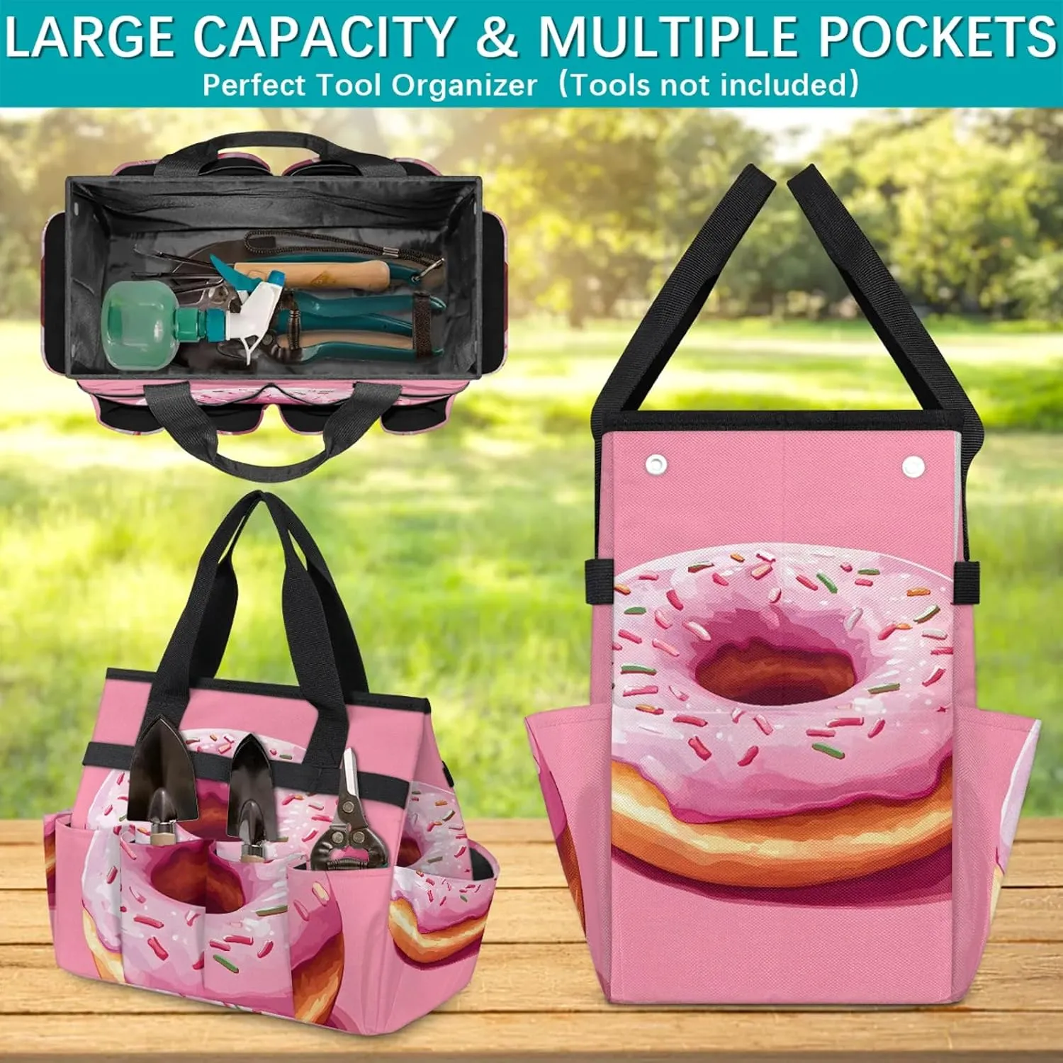 Donuts Garden Tote Bag for Women Men, Food Heavy Duty Garden Tool Bags Organizer with 10 Pockets for Gardening Gift