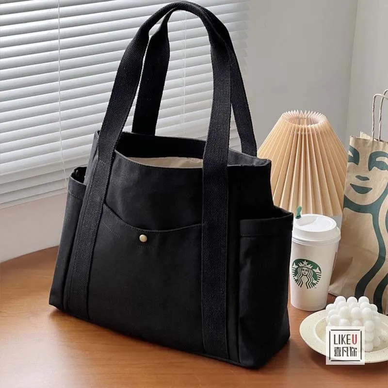 DUNNMALL Canvas Bag Women's Handbag Shoulder Bag College Student Versatile Handbag Commuter Large Capacity More than Make-up Bag Pockets