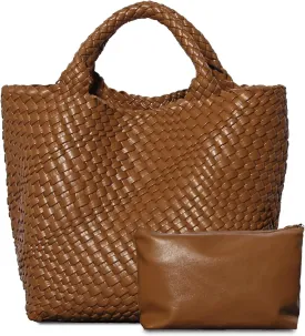 Dyalsa Woven Bag for Women, Vegan Leather Tote Bag Large Summer Beach Handbag Purse Retro Handmade Travel Shoulder Bag Set