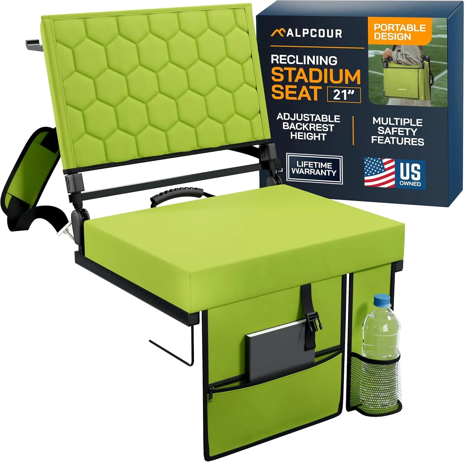 Extra Wide Folding Reclining Stadium Seat with Back Suppot for Bleachers, Bleacher Hooks, Thick Cushion, Cup Holder, Storage Pockets  Portable Chair for Kayak, Canoe, Paddle Board, Concerts, & Sports