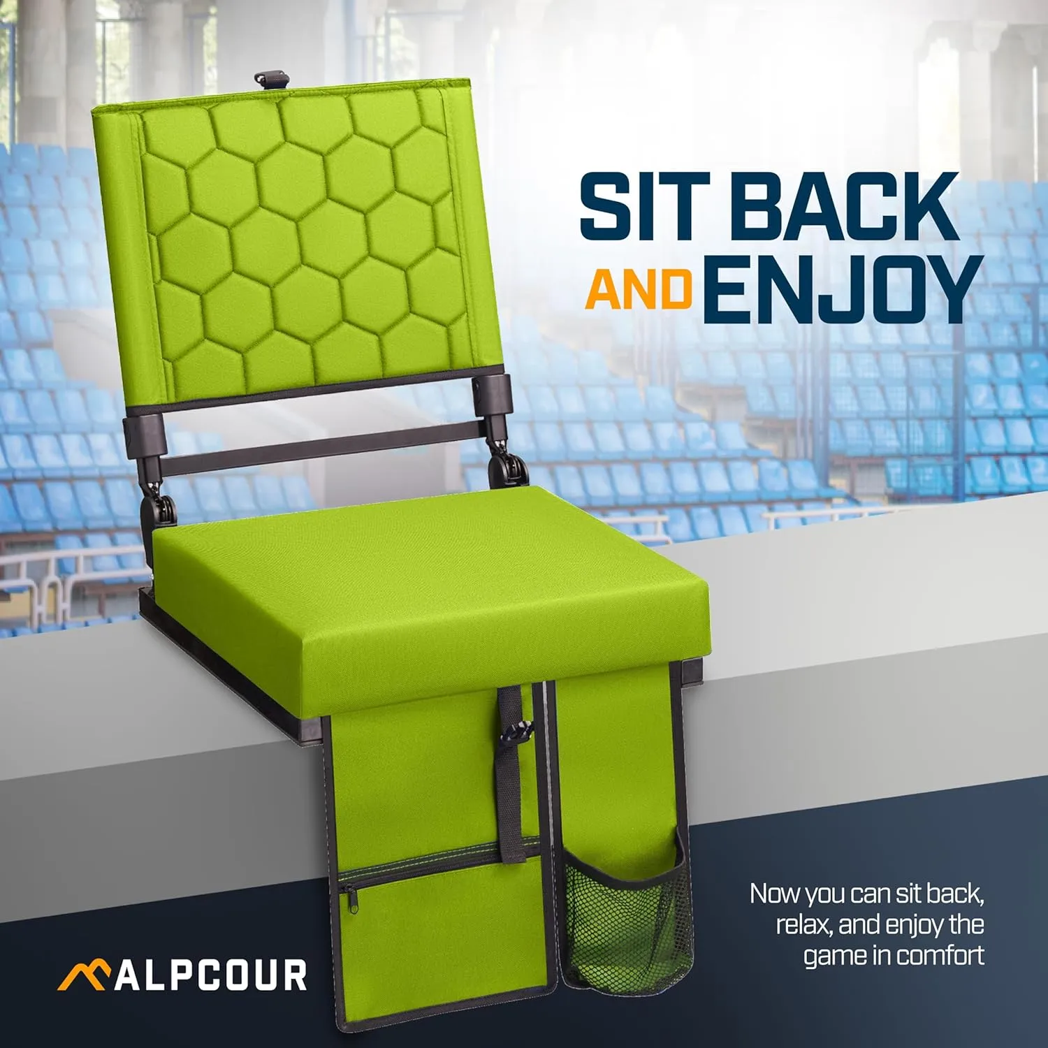 Extra Wide Folding Reclining Stadium Seat with Back Suppot for Bleachers, Bleacher Hooks, Thick Cushion, Cup Holder, Storage Pockets  Portable Chair for Kayak, Canoe, Paddle Board, Concerts, & Sports
