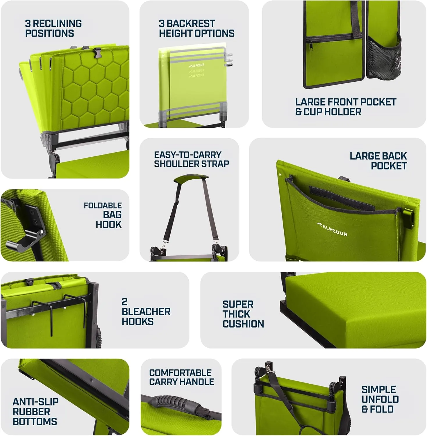Extra Wide Folding Reclining Stadium Seat with Back Suppot for Bleachers, Bleacher Hooks, Thick Cushion, Cup Holder, Storage Pockets  Portable Chair for Kayak, Canoe, Paddle Board, Concerts, & Sports