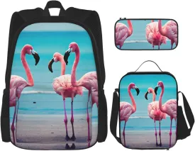 Flamingo Beach Print Pencil Case Lightweight Casual Fashion Backpack Lunch Bag Large Capacity Travel Bag