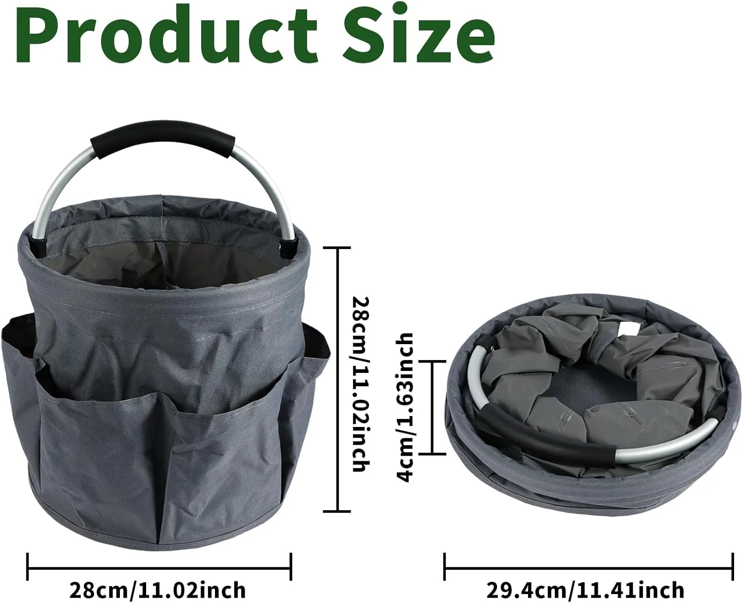 Gardening Storage Tote with Handle and 6 Pockets, Folding Garden Tool Basket, Storage Bag for Outdoor Picnic Organizer, 17L Cleaning Organizer, Bathroom Organizer, Garden Tool Kit Holder (Gray)