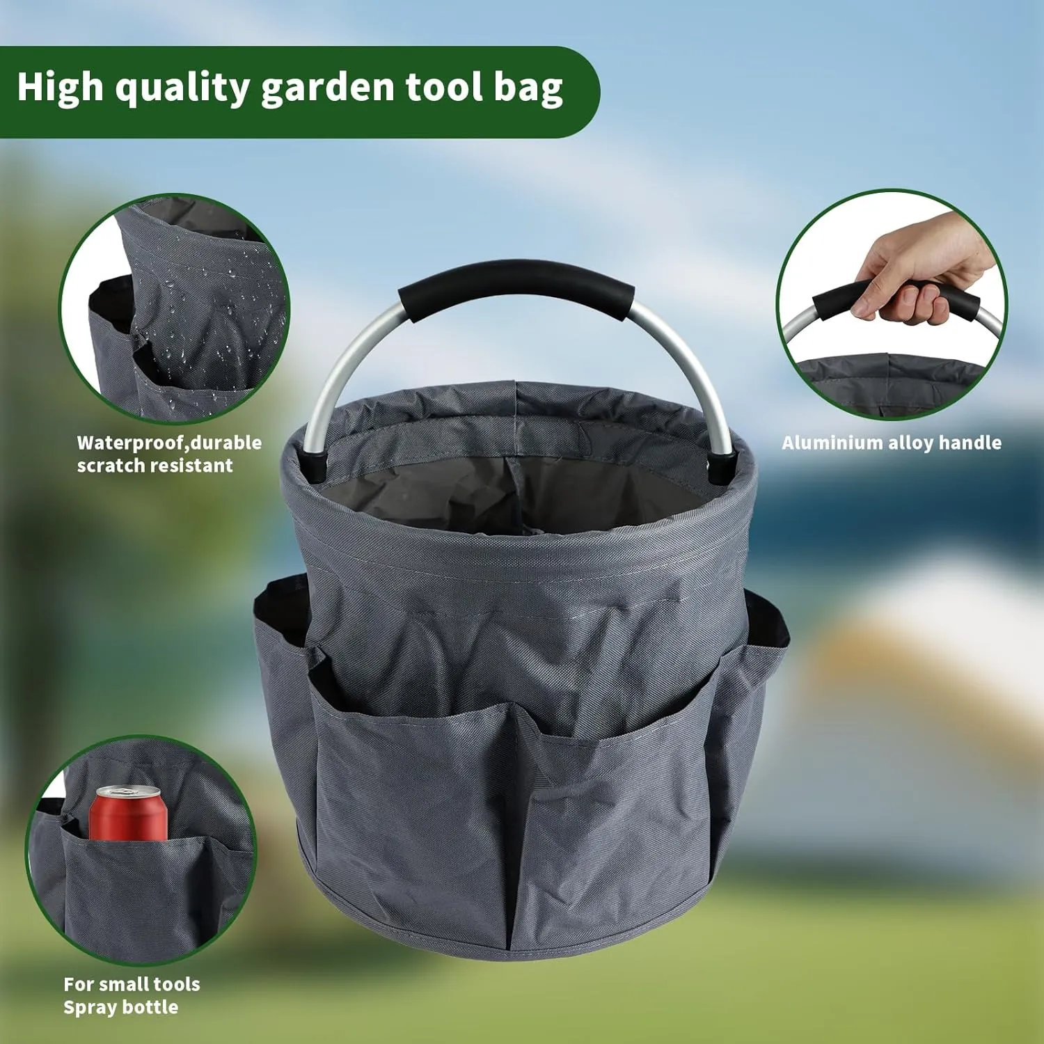 Gardening Storage Tote with Handle and 6 Pockets, Folding Garden Tool Basket, Storage Bag for Outdoor Picnic Organizer, 17L Cleaning Organizer, Bathroom Organizer, Garden Tool Kit Holder (Gray)