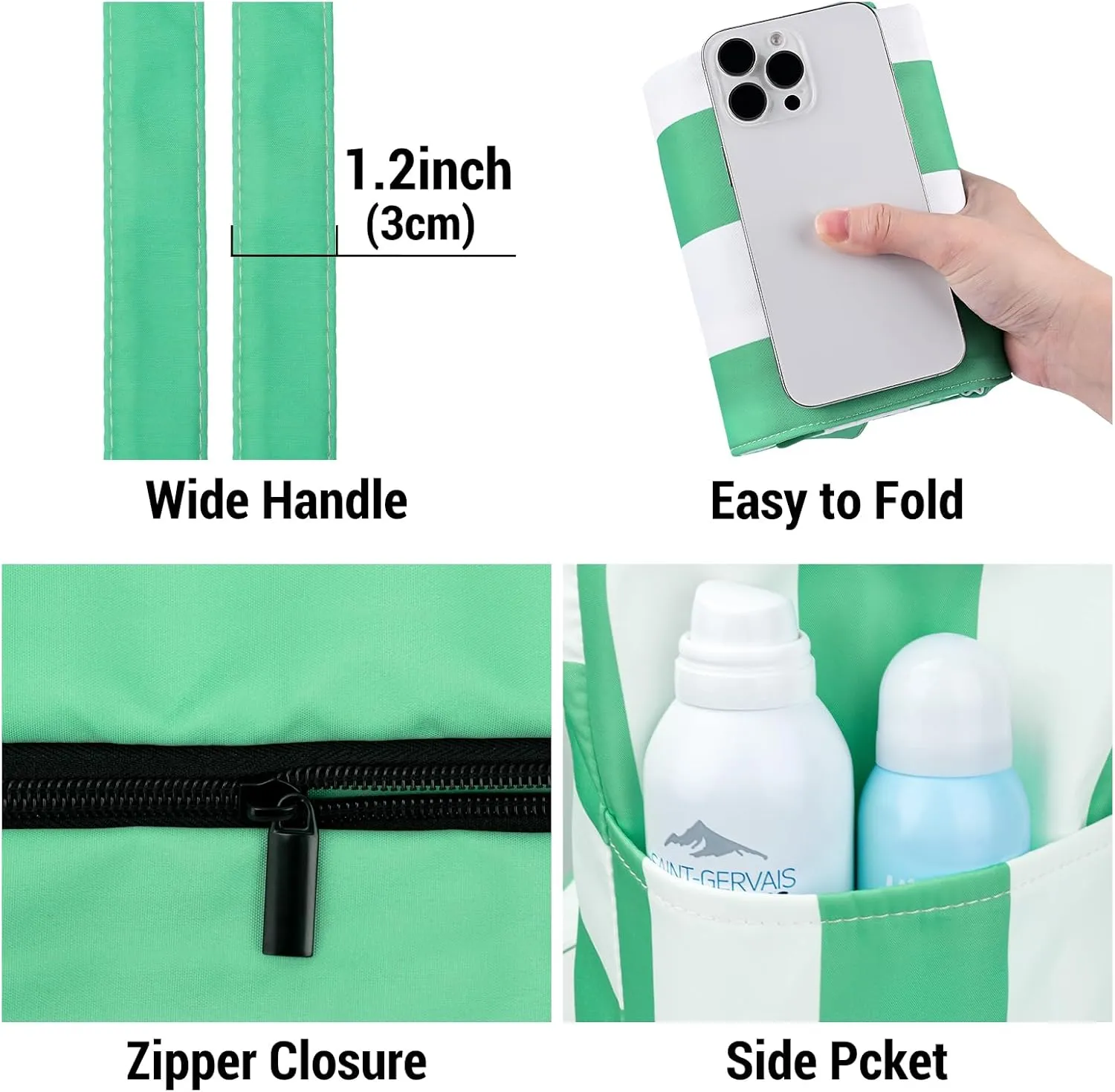Iioscre Beach Bag for Women,Waterproof Beach Tote with Zipper and Pocket, Sandproof Large Swim Pool Bag for Travel