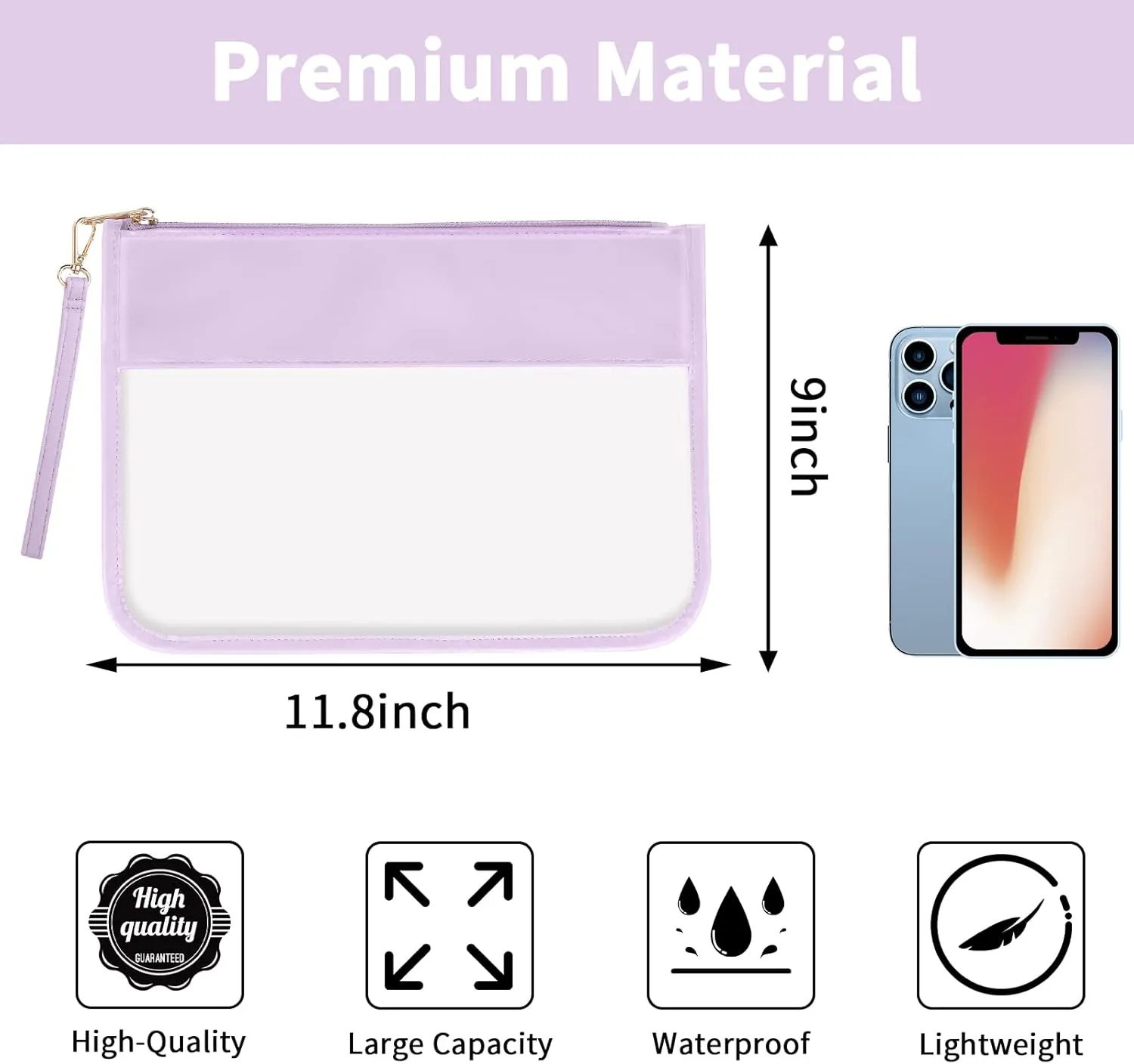 Iqimott Clear Zipper Pouch, DIY Clear Makeup Cosmetic Bag Purse for Women Girls, Chenille Letter Travel Toiletry Bag(Purple)