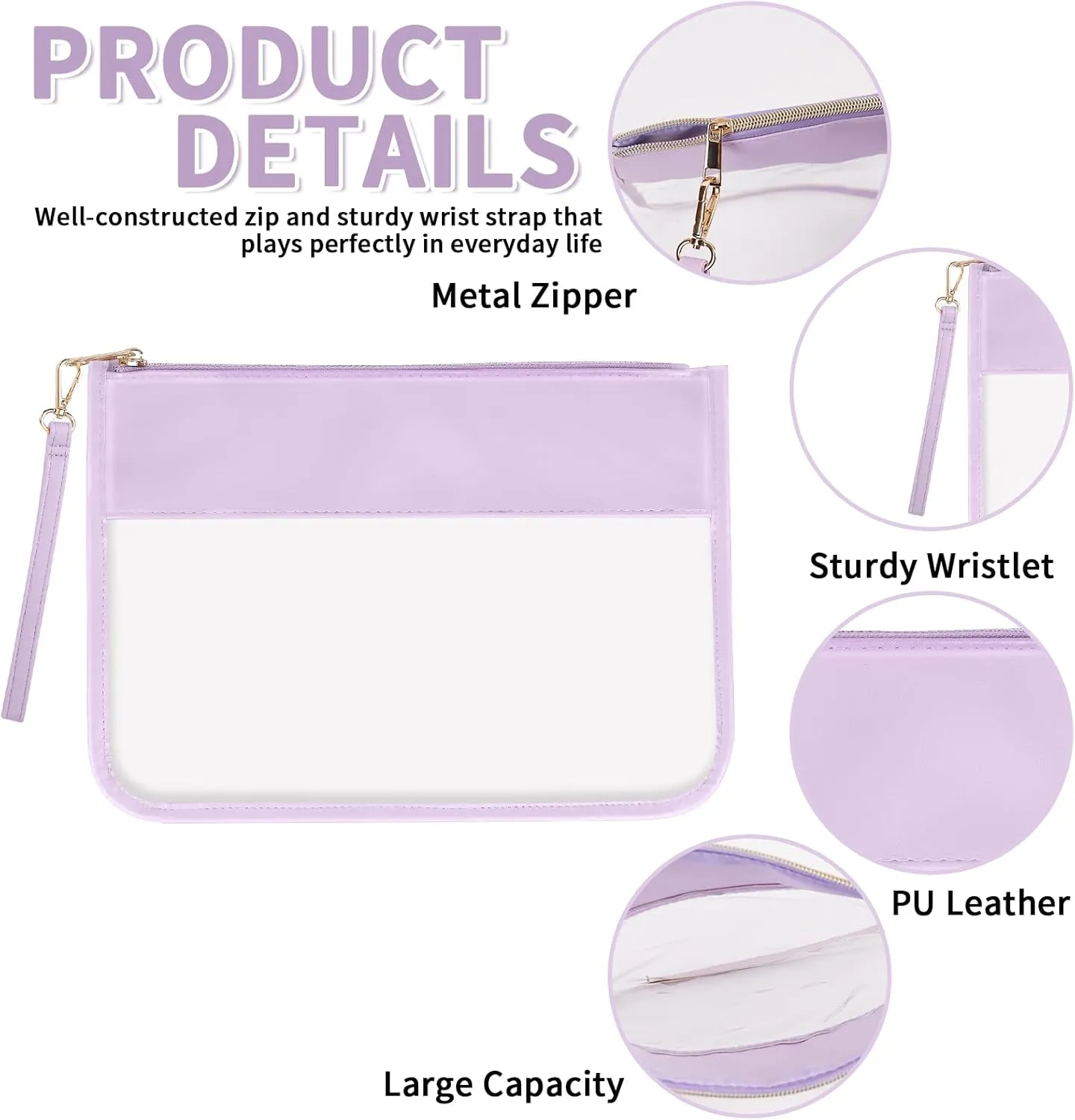 Iqimott Clear Zipper Pouch, DIY Clear Makeup Cosmetic Bag Purse for Women Girls, Chenille Letter Travel Toiletry Bag(Purple)