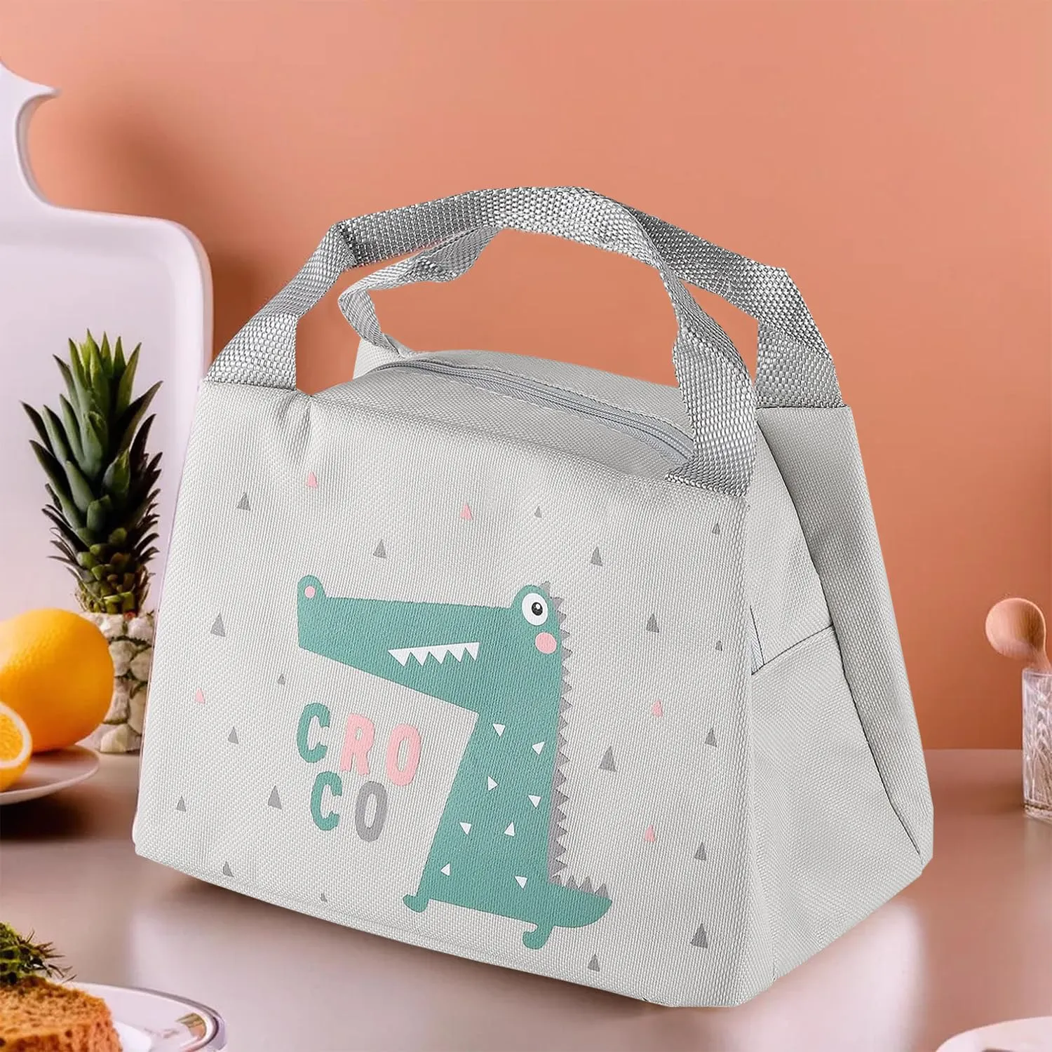 Kuber Industries Pack of 4 Lunch Bag | Lunch Bag for Office | Lunch Bag for College | Reusable Lunch Bag | Lunch Bag for Adults | Tiffin Lunch Bag with Handle | Printed | LYN04-WTE | White