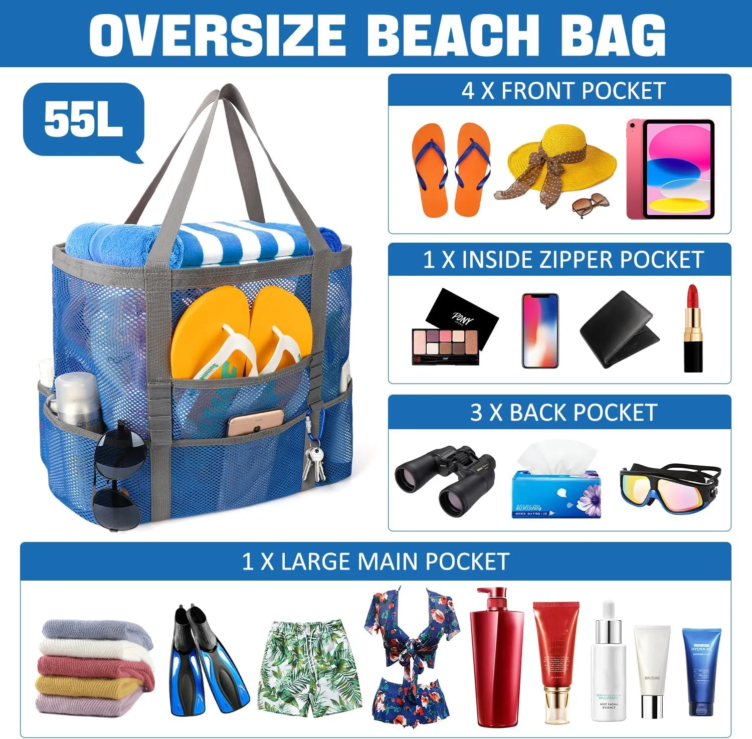 Mesh Beach Bag, Large Beach Bag Swimming Bag Foldable Mesh Tote for Your Family Beach Trip