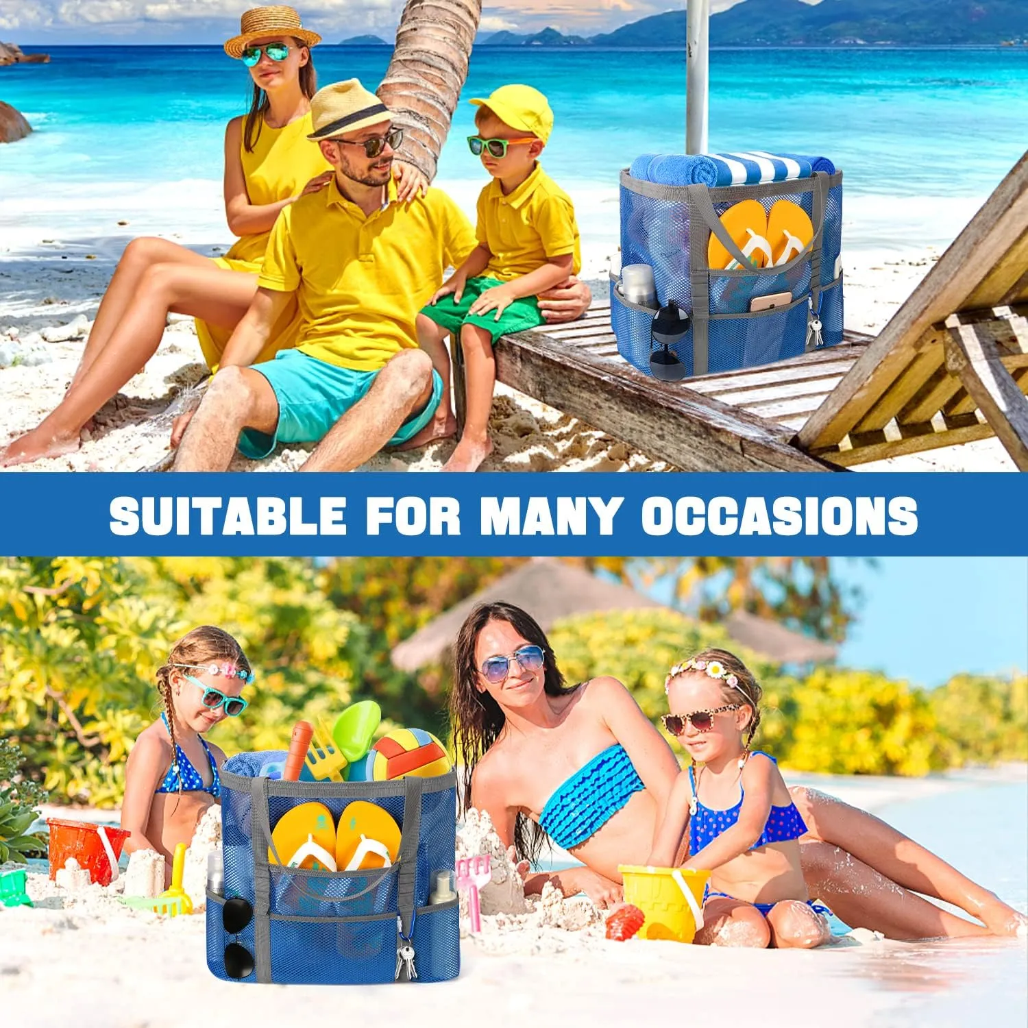 Mesh Beach Bag, Large Beach Bag Swimming Bag Foldable Mesh Tote for Your Family Beach Trip