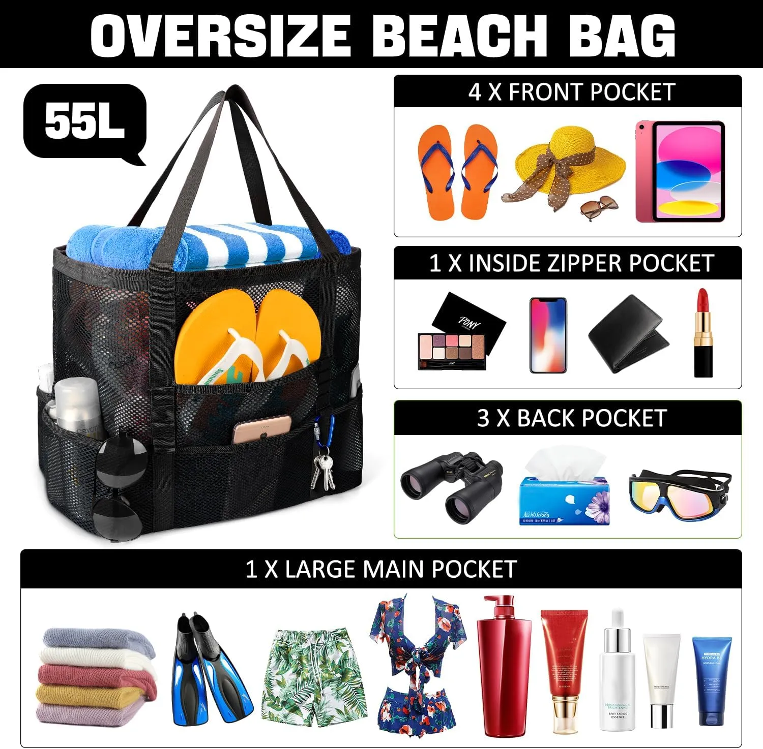 Mesh Beach Bag, Large Beach Bag Swimming Bag Foldable Mesh Tote for Your Family Beach Trip