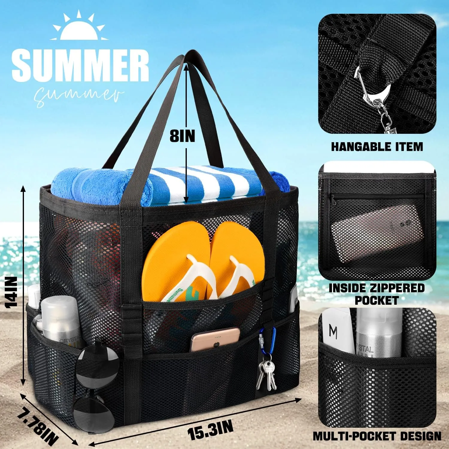 Mesh Beach Bag, Large Beach Bag Swimming Bag Foldable Mesh Tote for Your Family Beach Trip