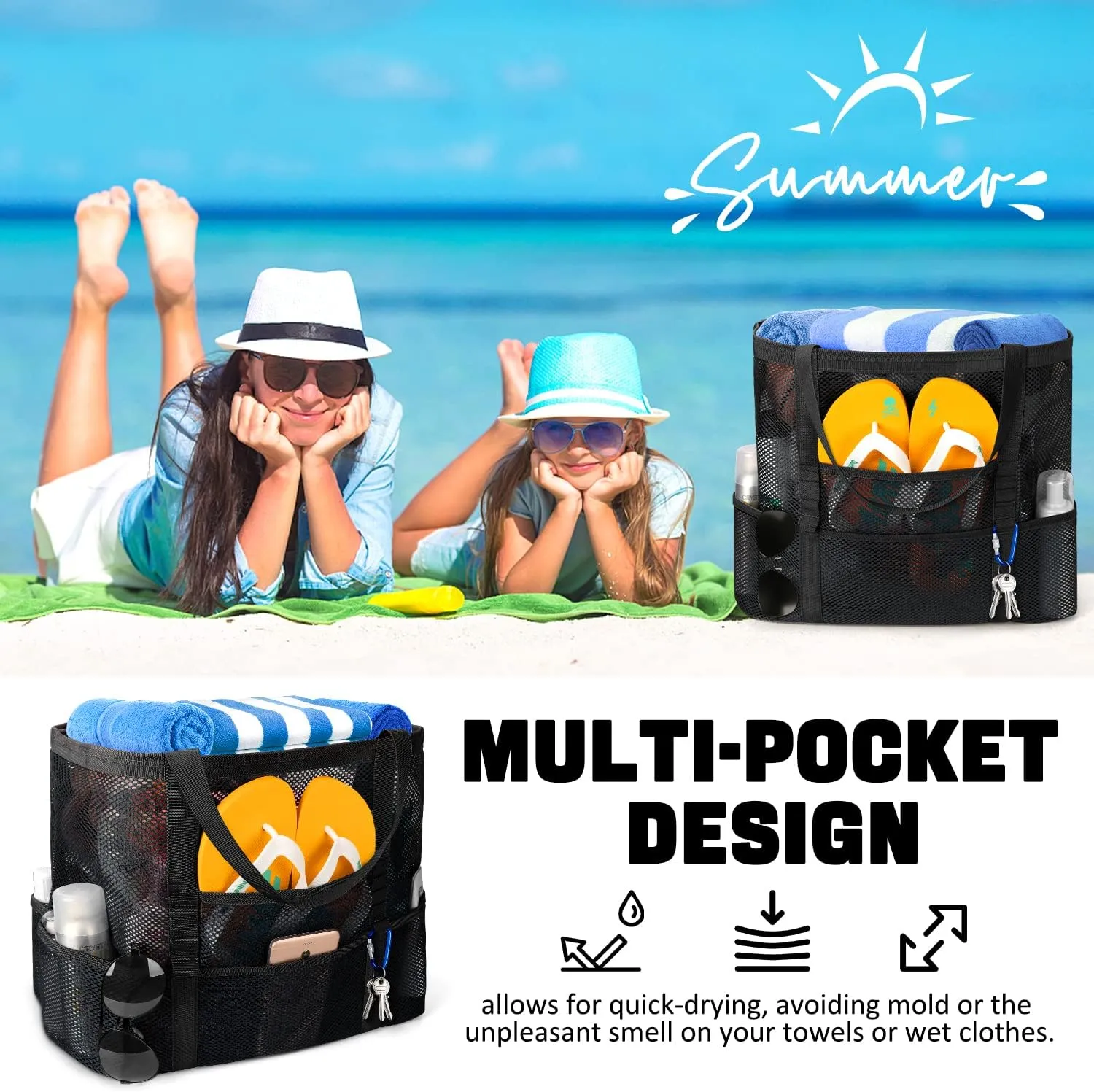 Mesh Beach Bag, Large Beach Bag Swimming Bag Foldable Mesh Tote for Your Family Beach Trip