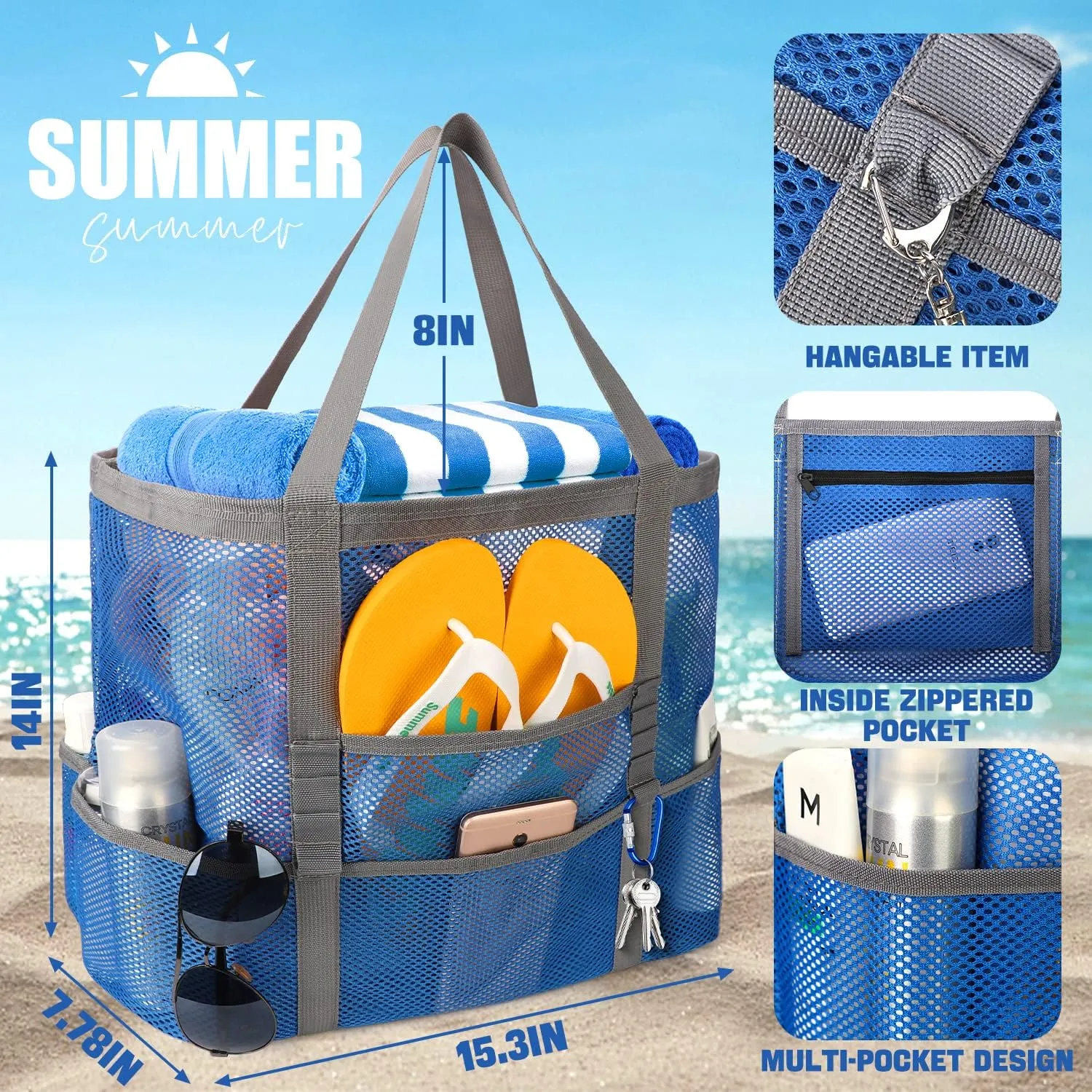 Mesh Beach Bag, Large Beach Bag Swimming Bag Foldable Mesh Tote for Your Family Beach Trip