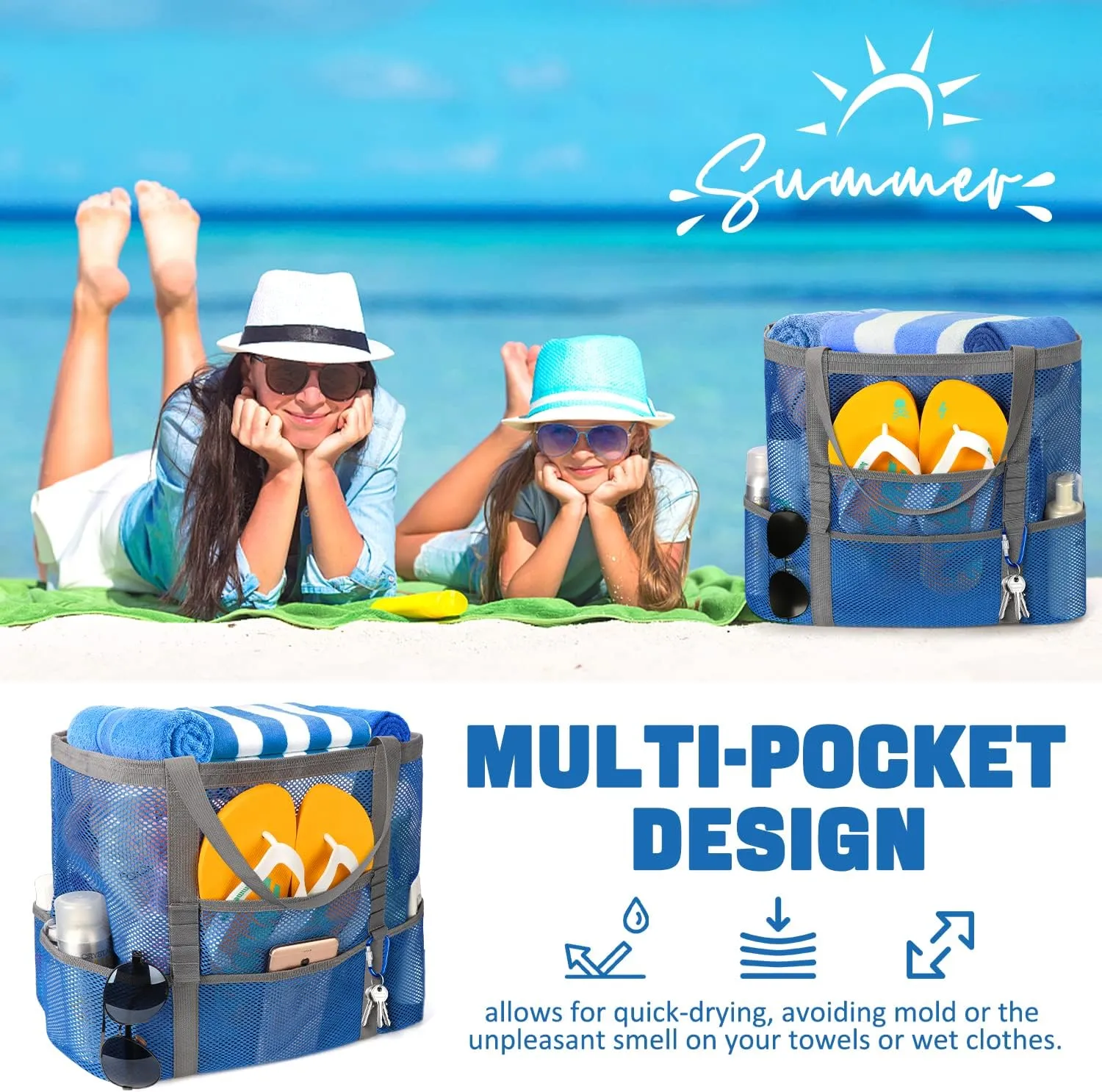 Mesh Beach Bag, Large Beach Bag Swimming Bag Foldable Mesh Tote for Your Family Beach Trip