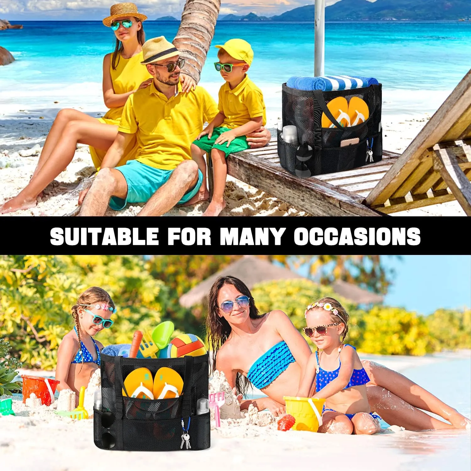 Mesh Beach Bag, Large Beach Bag Swimming Bag Foldable Mesh Tote for Your Family Beach Trip