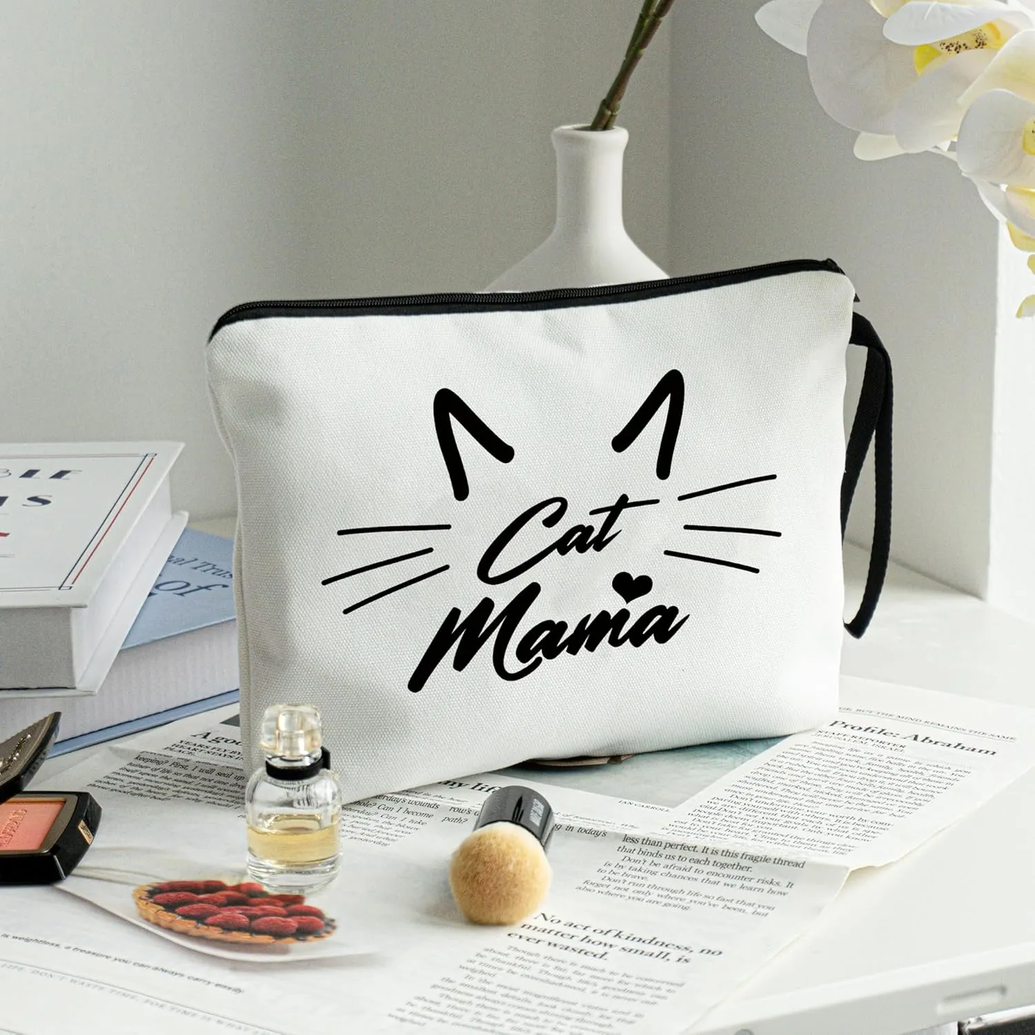METALPHA Cute Makeup Bag for Purse Cat Lover Gift Canvas Make Up Bag Zipper Large Pencil Pouch Bag with Wrist Strap, Cat Mama Cosmetic Bags Makeup Pouch