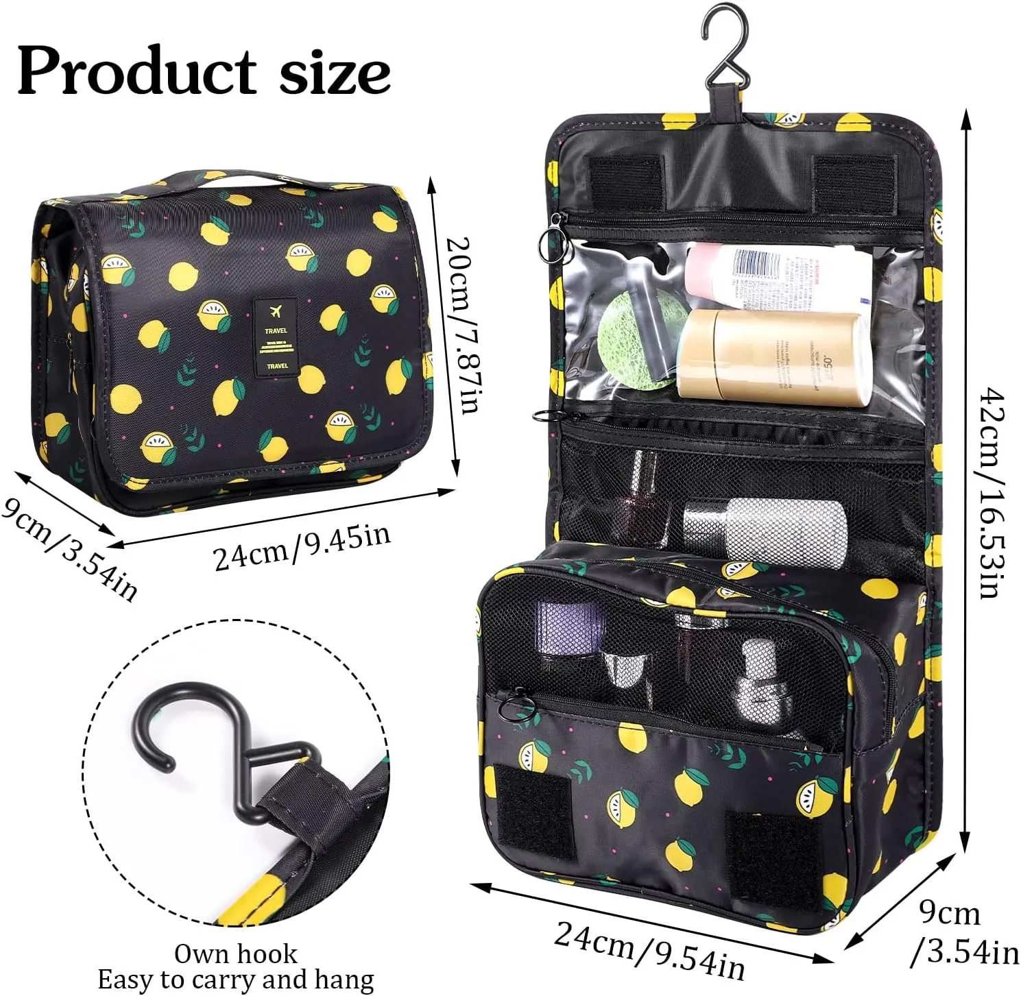 Pengxiaomei Toiletry Bag, Waterproof Hanging Cosmetic Bag Portable Travel Makeup Pouch athroom Bag Stocking Stuffers for Women Christmas Gifts(Black Lemon)
